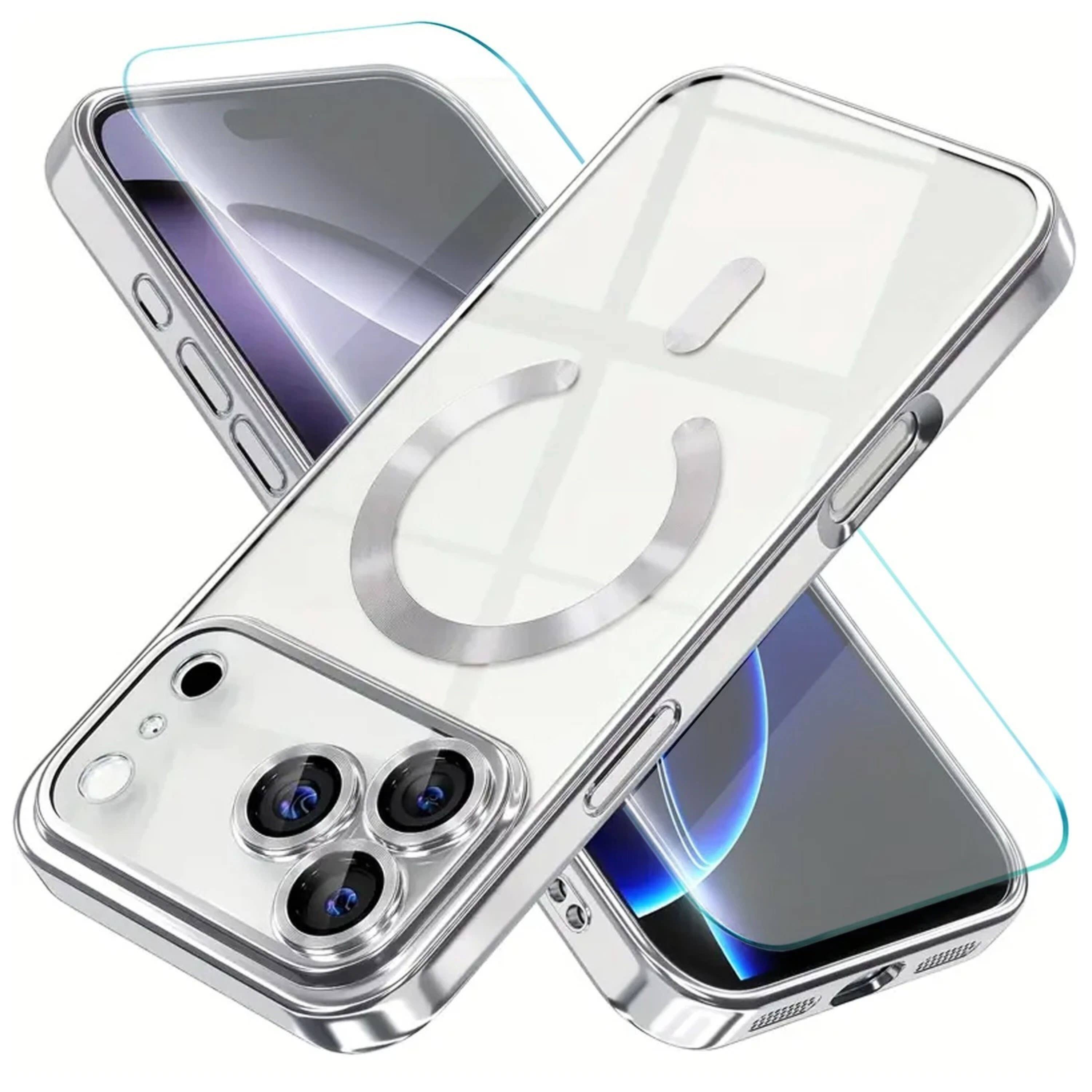 The image shows a transparent phone case designed for a smartphone with three camera lenses.