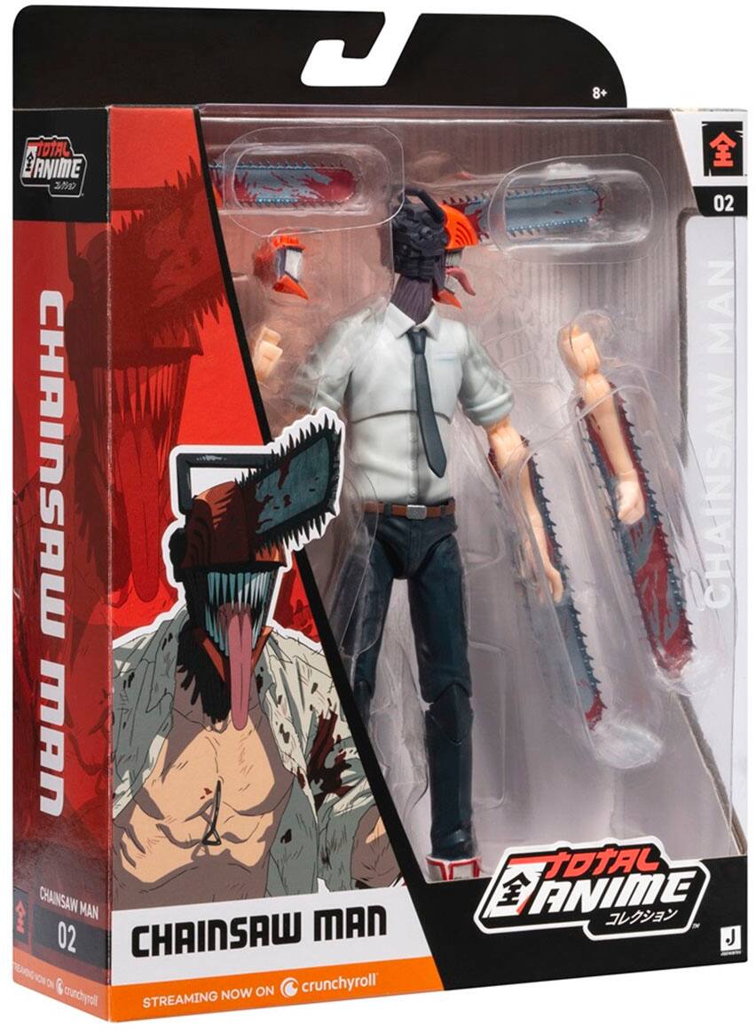Chainsaw Man is an anime that is now available on Crunchyroll for streaming. The image features a Chainsaw Man action figure, which is part of a series of figures. The figure is in a box, and it is a collectible item for fans of the anime.