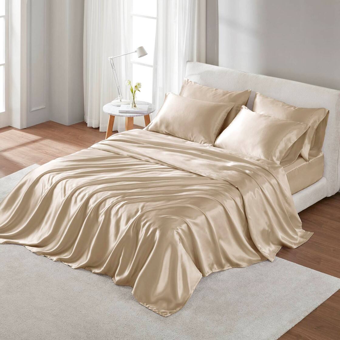 Alt View 1. Gracie Mills - Gracie Mills Coralie 6-Piece Wrinkle-free Satin Sheet Set - Champagne.