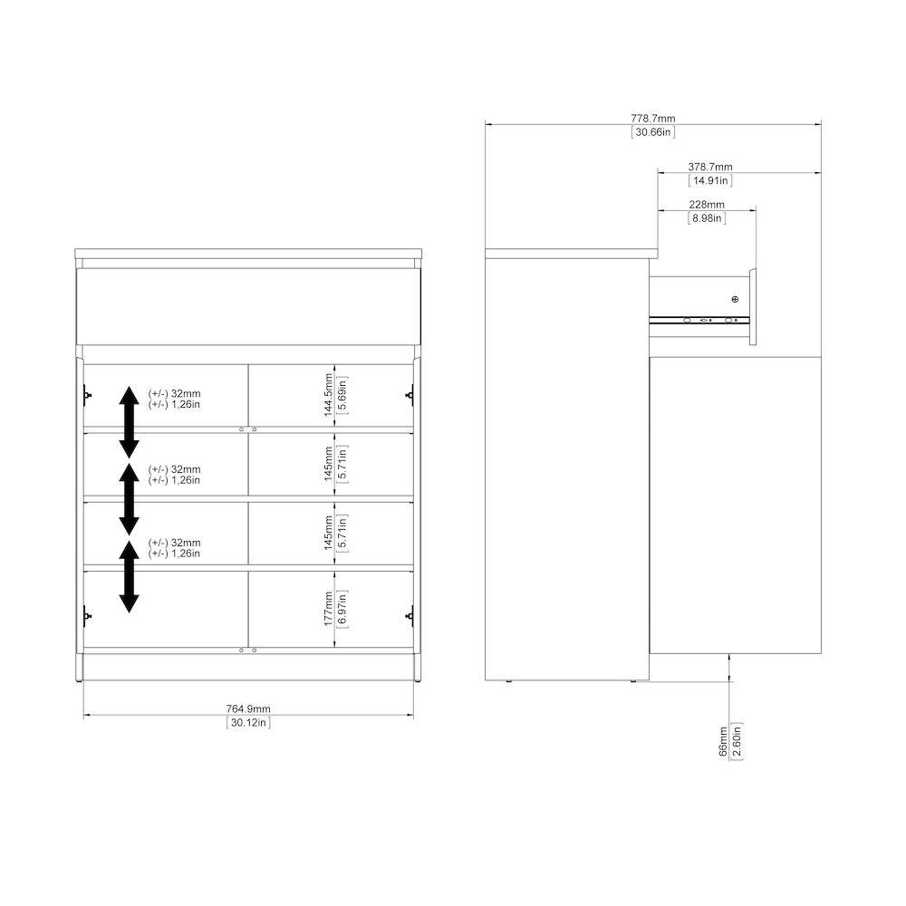 778.7mm 30.66in  
378.7mm 14.91in  
228mm 8.98in  
± 32mm ± 1.25in  
144mm 5.69in  
± 32mm ± 1.26in  
145mm 5.71in  
± 32mm ± 1.26in  
145mm 5.71in  
177mm 6.97in  
764.9mm 30.12in  
26mm 2.60in