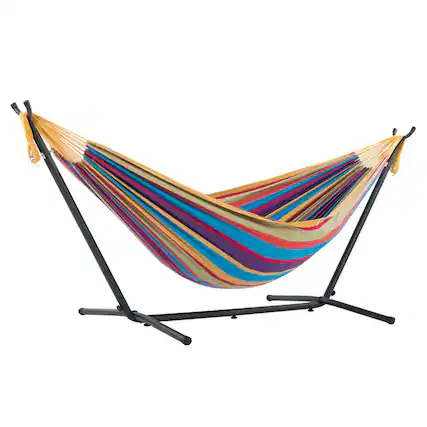 Front. Vivere - Vivere Double Cotton Hammock, Comfortable Daybed with Steel Stand, 9', Tropical - Tropical.