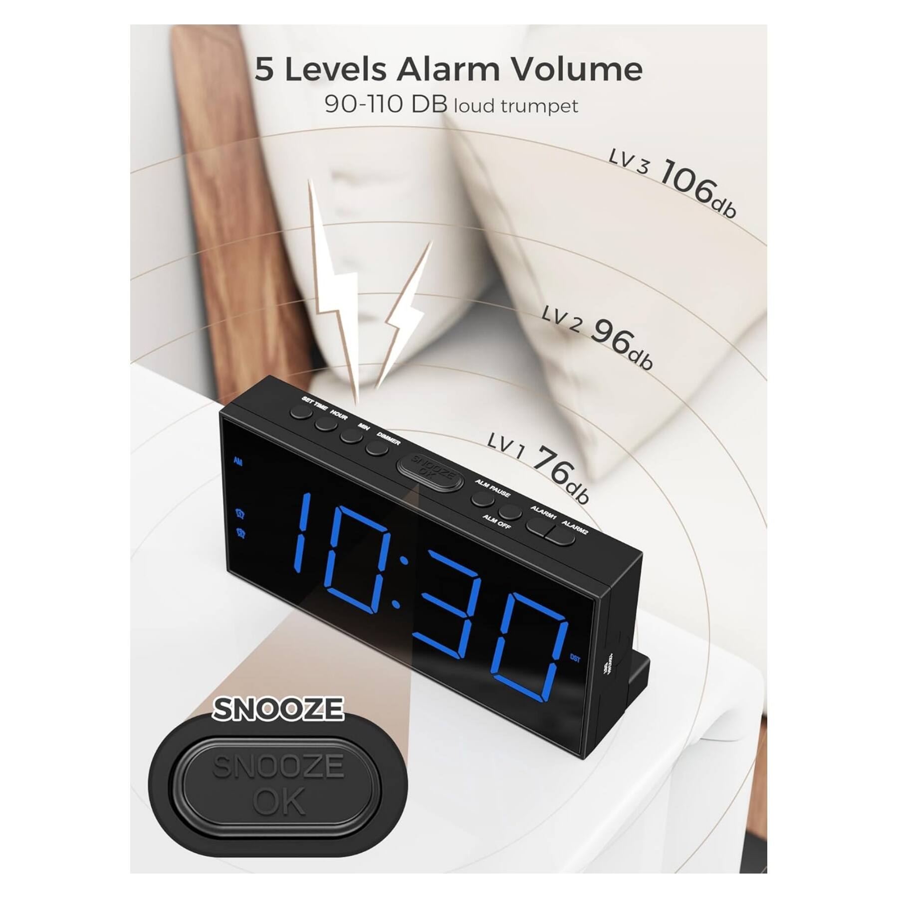 5 Levels Alarm Volume  
90-110 DB loud trumpet  
LV3 106db  
LV2 96db  
LV1 76db  

ALM MUTE  
ALMF  
ALARM  
ALAMNO  

SNOOZE  
10:30  
SNOOZE OK