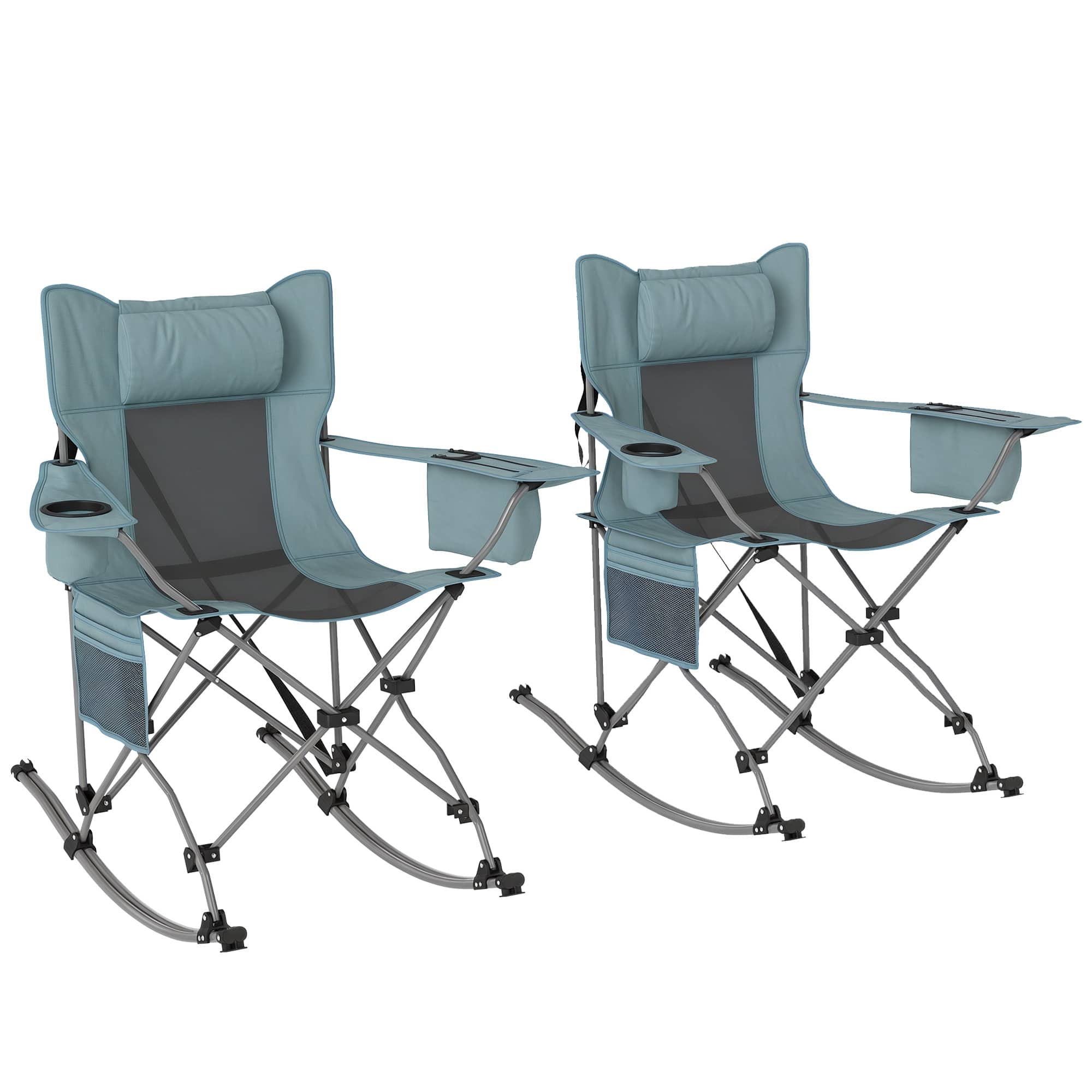 Outsunny - Rocking Camping Chairs, Portable Chairs with Headrest, Cooler Bag, Cup Holder, Carry Bag - Gray
