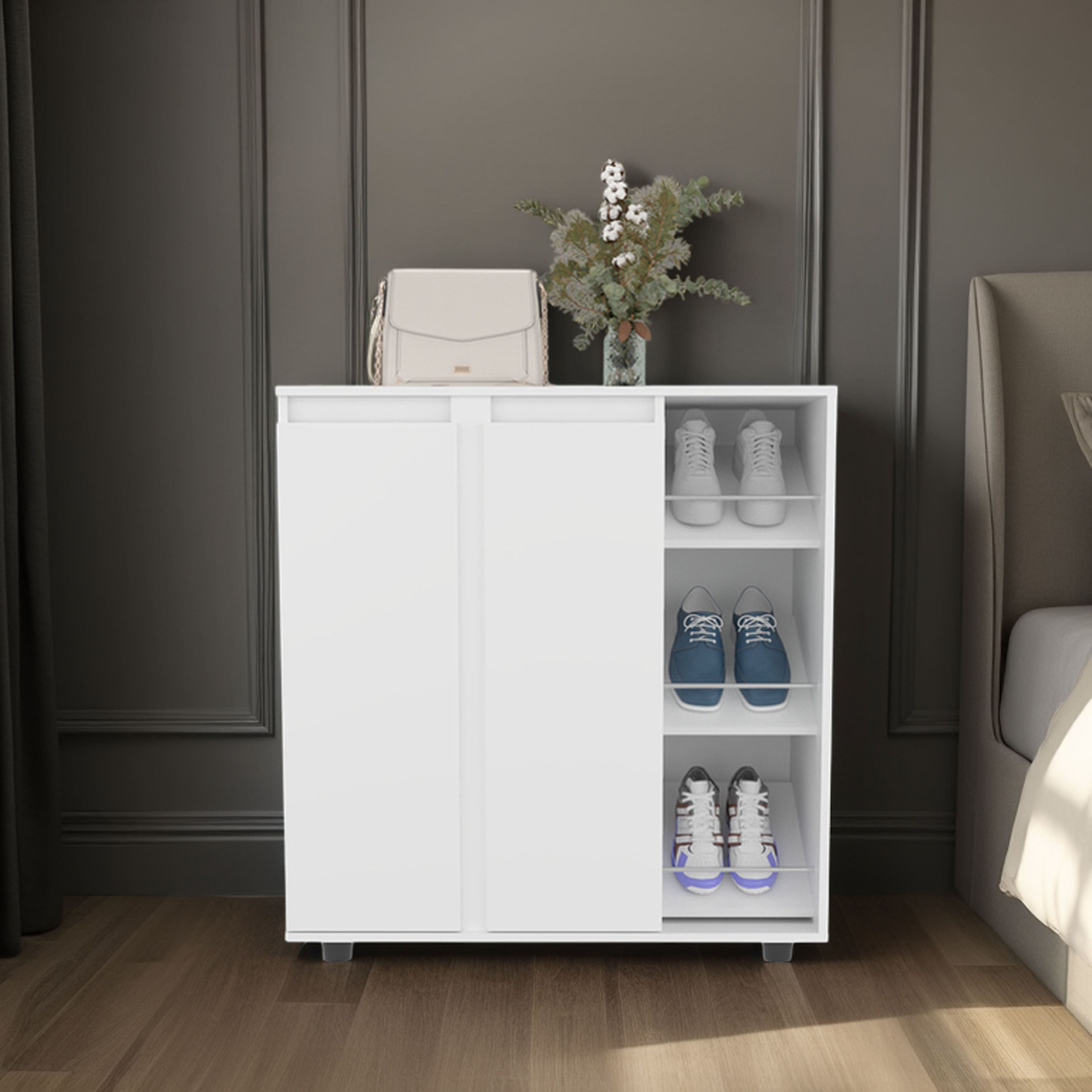 TinyHomie - Gitano Shoe Storage Cabinet 2 Doors 8 Enclosed Shelves 3 Open Side Shelves Freestanding Design - White