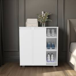 TinyHomie - Gitano Shoe Storage Cabinet 2 Doors 8 Enclosed Shelves 3 Open Side Shelves Freestanding Design - White