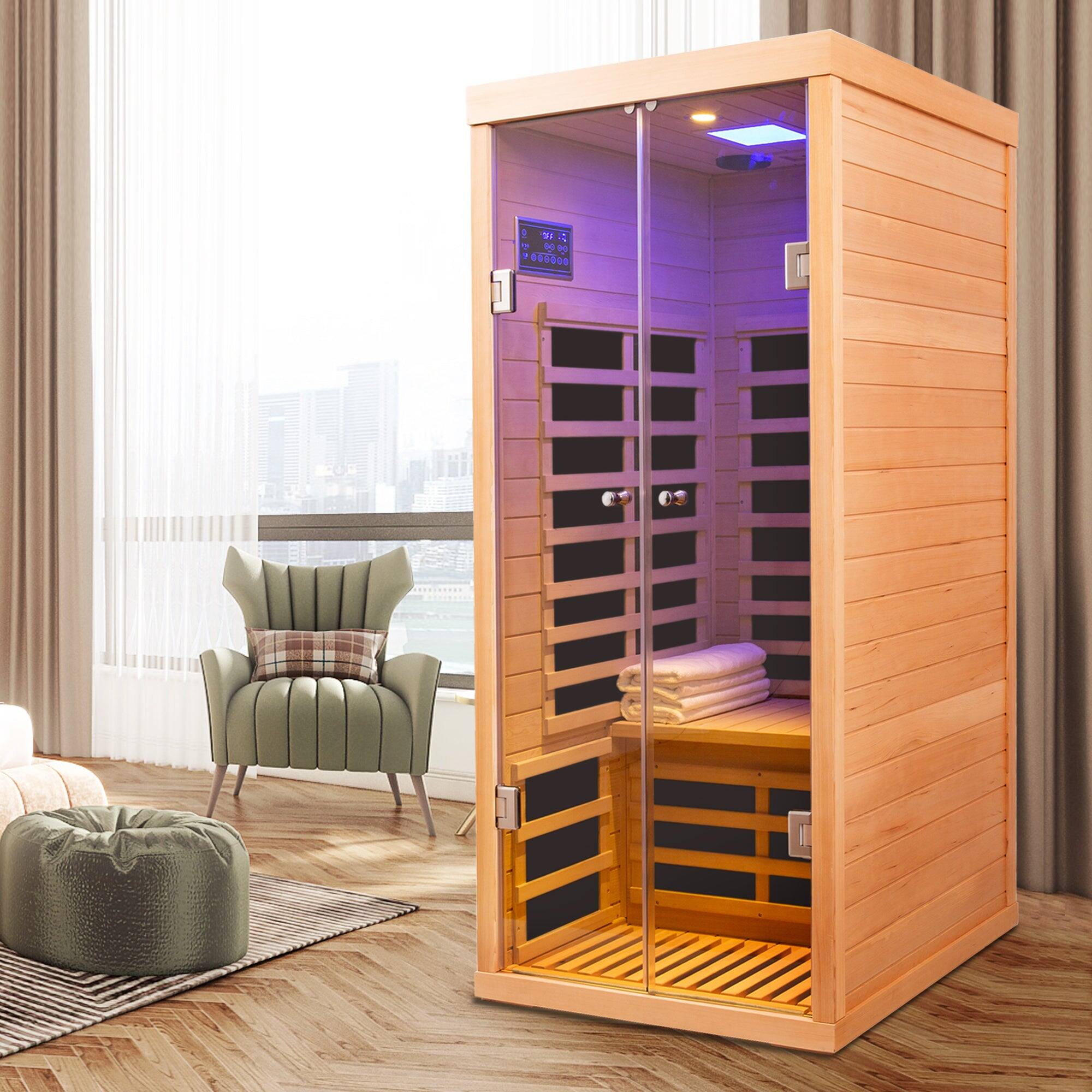 Alt View 3. Boyel Living - Low EMF One-Person Wide Space Hemlock Double Doors Luxury Glass Far Infrared Sauna with APP Control and Bluetooth Audio - Natural Wood.