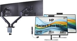 HP - Series 5 Pro 527pm 27" QHD IPS Monitor, Displayport, HDMI (9E0Y9UT#ABA) 2 Pack w/DKZ Hub & ErgoFlexy Dual Mount Arms - Black/Silver