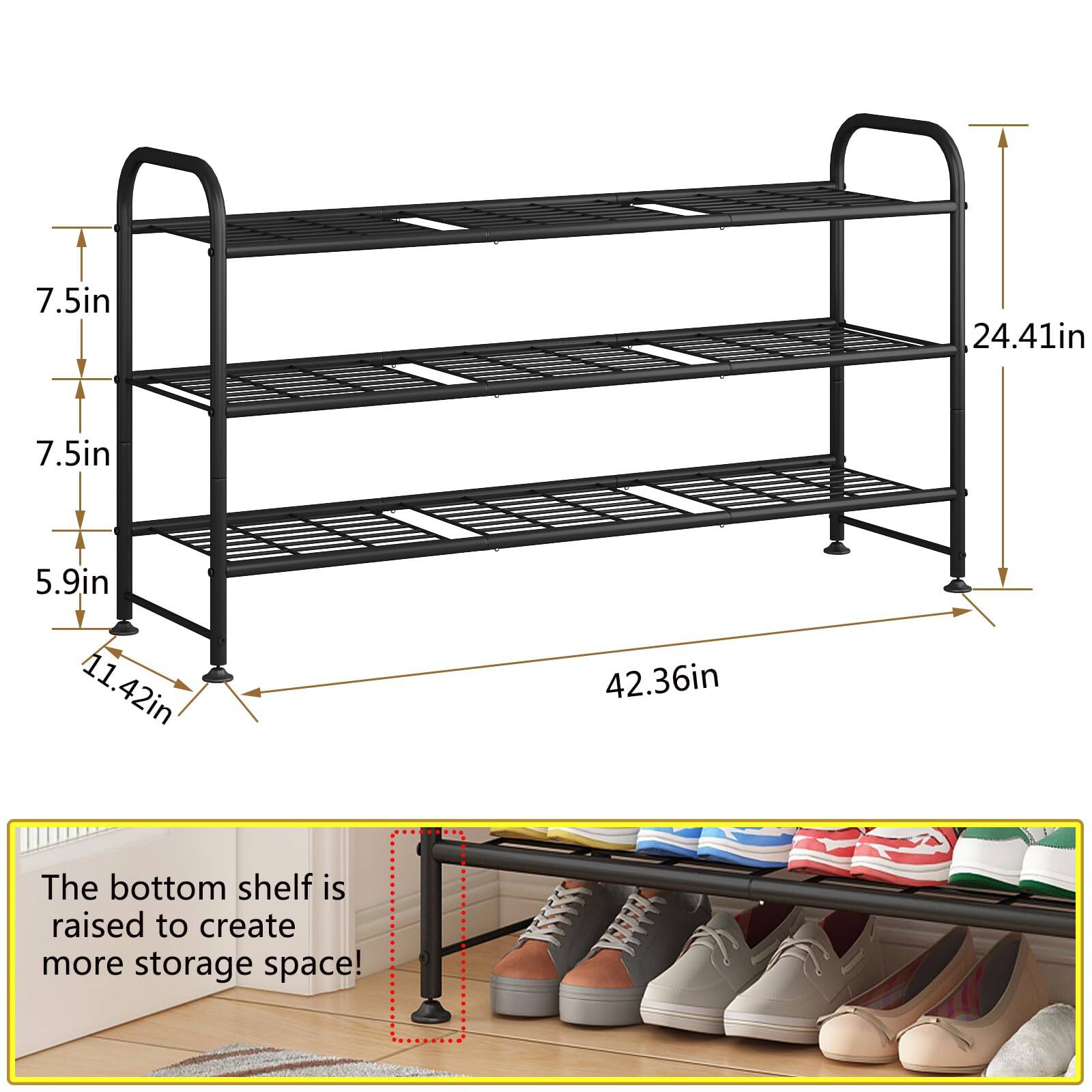 7.5in  
24.41in  
7.5in  
5.9in  
11.42in  
42.36in  

The bottom shelf is raised to create more storage space!