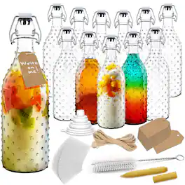 Nevlers - 17 Oz. Dotted Swing Top Glass Bottles with Bottle Brush, Funnel, Tags, Shrink Wrap and Glass Marker (Set of 12) - Clear