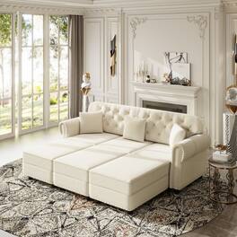 Anysun - 82.6" Velvet Chesterfield Sofa w/ Nailhead, Rolled Armrests, Button Tufted, 3 Pillows & 3 Ottomans, Mid-Century - White