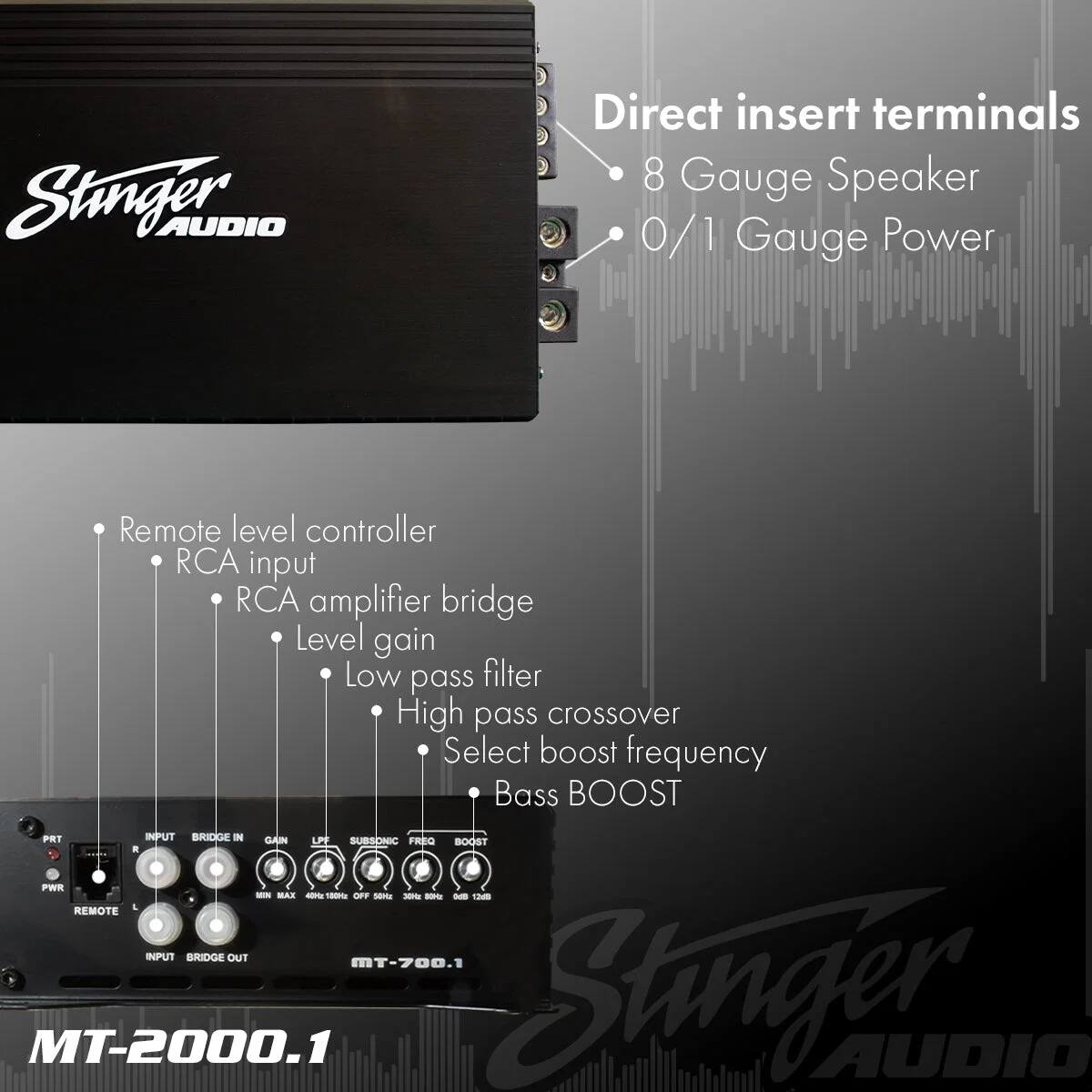 Stinger AUDIO

- Direct insert terminals
- 8 Gauge Speaker
- 0/1 Gauge Power
- Remote level controller
- RCA input
- RCA amplifier bridge
- Level gain
- Low pass filter
- High pass crossover
- Select boost frequency
- Bass BOOST

PWR - MAX - 180 - T - - - - - REMOTE INPUT BRIDGE OUT

MT-700.1 MT-2000.1