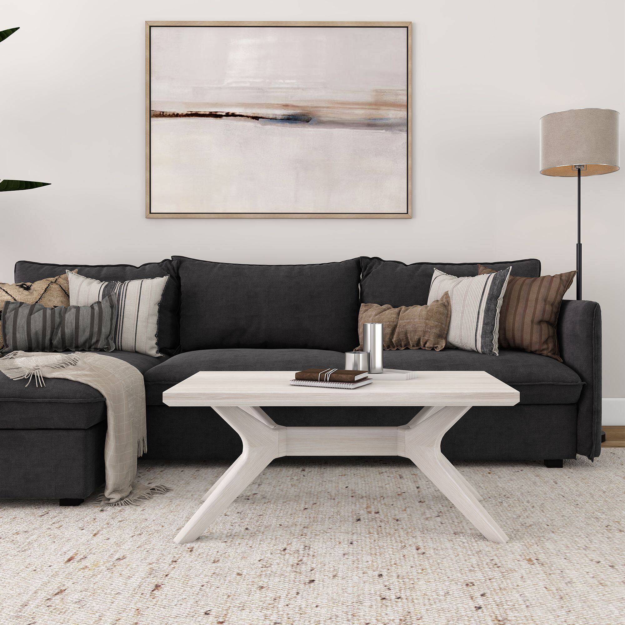 Alt View 1. Plank+Beam - Cross Leg Rectangular Coffee Table (40in x 20in / 1020mm x 510mm), White Sand Wirebrush - White Sand Wirebrush.