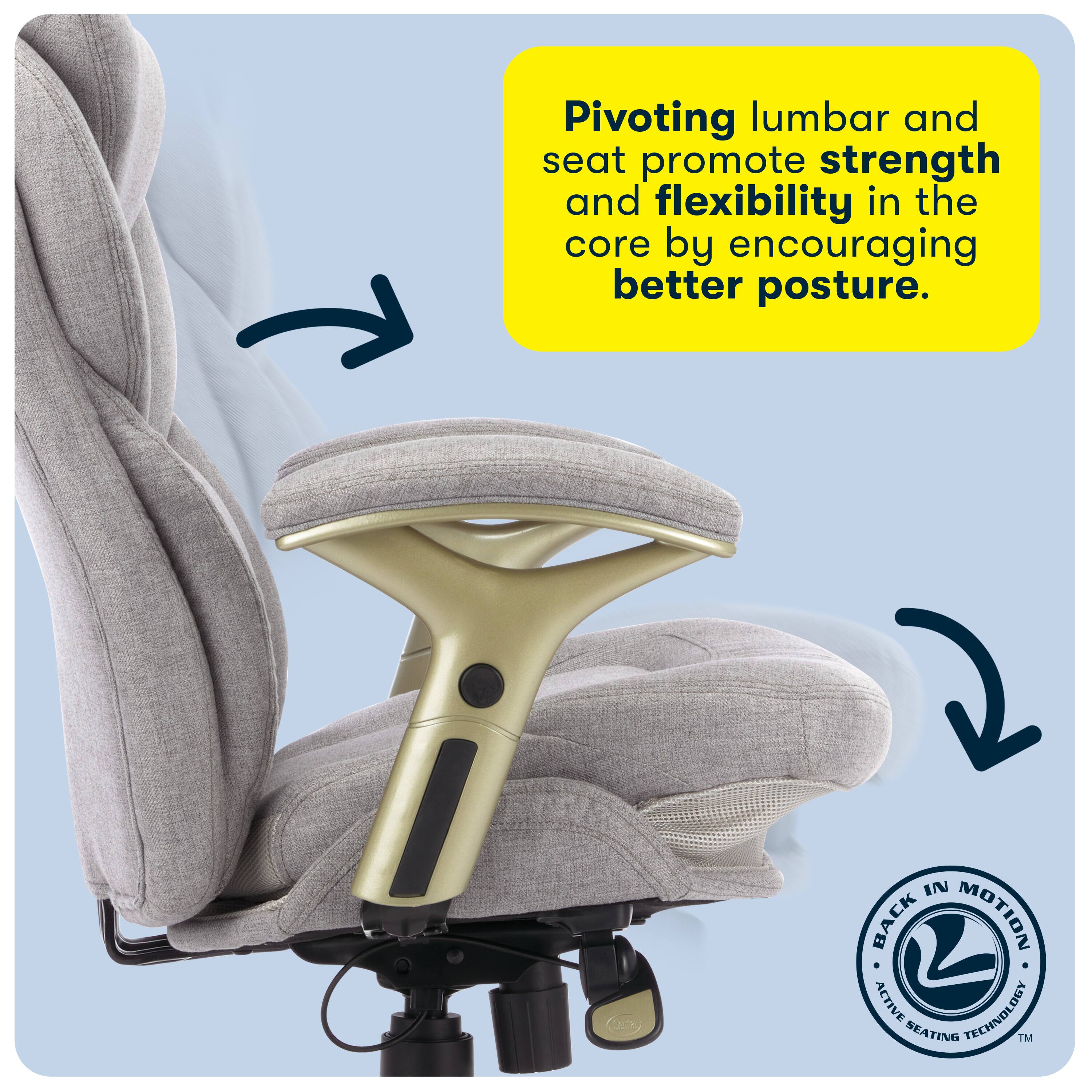 The image features a chair with a unique design that promotes strength and flexibility in the core by encouraging better posture. The chair is equipped with pivoting lumbar and seat technology, which helps in maintaining an active posture while sitting. This innovative seating solution is designed to improve overall health and well-being by supporting the natural alignment of the body.
