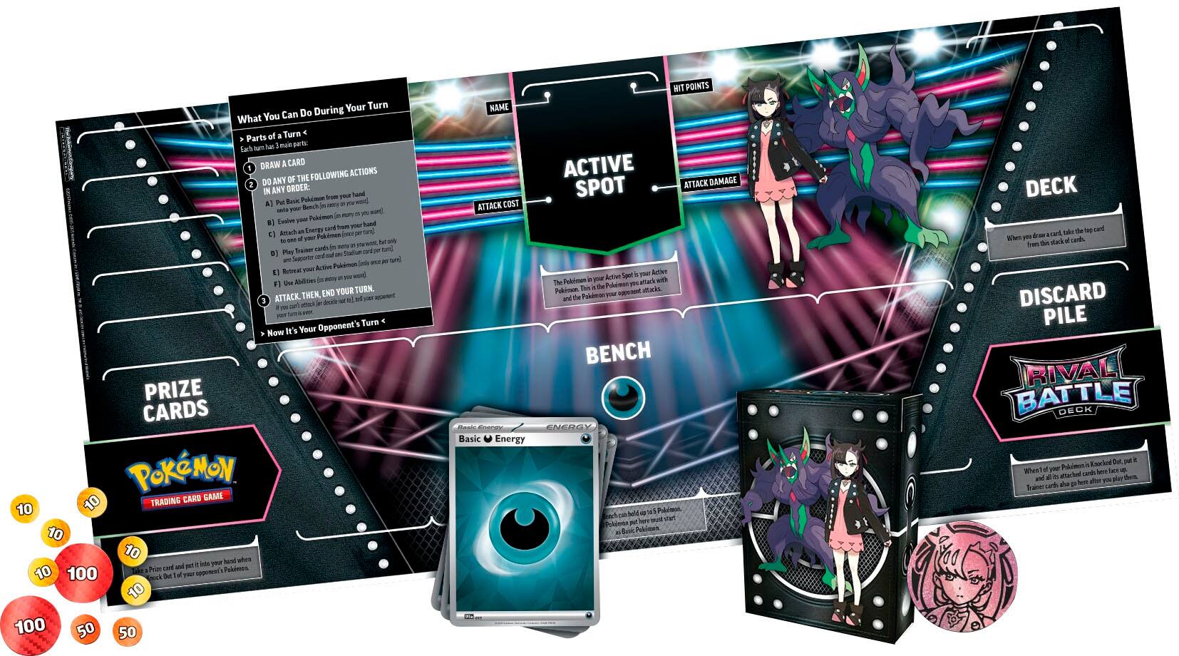 Your Turn You Can Do During What Parts of Turn hat main patc lach ture DRAW CARD FOLLOWING ACTIONS DO ANY OF THE IN ANY ORDER: From yOUr hand Put Raskc Pokamon wed A) Bench amry anta your wot Pokimon mOT B1 Evalve your Frass your hand Energy card tmi Amach joner your Pokmon dne candt - tm DI Play Trainer can pa 1 Seccertor - turl Pokmon fonly Betreat yaur Active - wond Uve Abilinies END YOUR TURN. ATTACK THEN, ml - 2c decica mn ver yOS Opponent's Turn Now It's Your PRIZE CARDS POKMON. CARD GAME 10 TRADING 10 10 10 whea inte your hand Pelac card and pet Pakimos 10 100 ea appoteut's Swock But tol yHr 10 100 50 50 HIT POINTS NAME ACTIVE ATTACK DAMAGE SPOT ATTACK COST Seet your Active you Active with The Pebimen P altack Thi the Polemon Pukimon oppeent attacks. the Fokdmon your and BENCH Banka Enetan ENERGY Basic Energy E Polsimon ee Pokinoa pu DECK take the 100 car draw eard Nhen yPs cards. fram thin stack DISCARD PILE RIVAL BATTLE DECK Knocked D