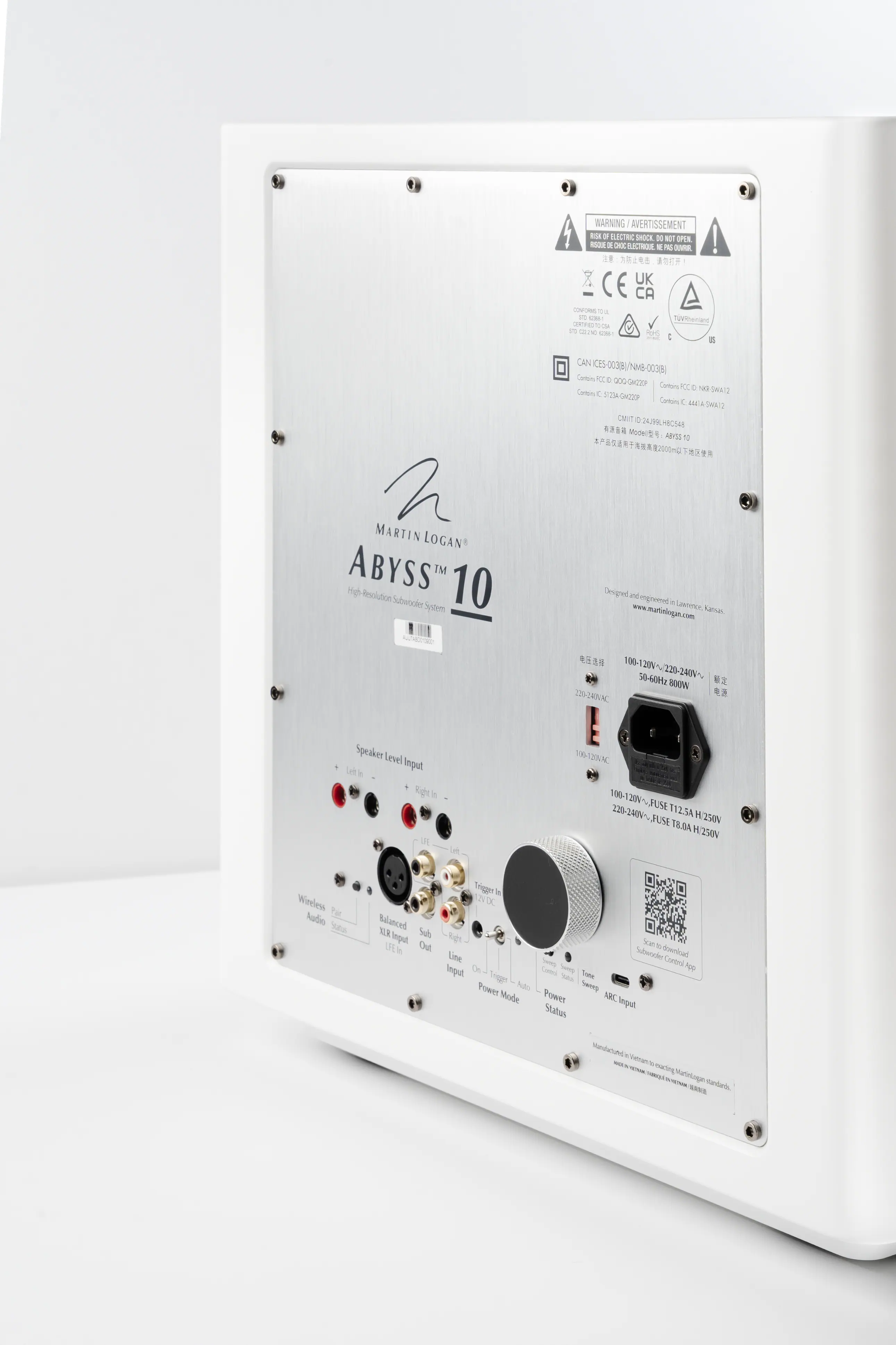 **WARNING AVERTISSEMENT**  
**RSA D ELECTRIC SHOCK DO NOT OPEN**  
**ROUGE DE CHOC ELECTRIQUE NE PAS OUVRIR**  

**CE**  
**UK**  
**CA**  

**CAN ICES-003/MB-003B**  
**CAN ICES-003/MB-003B**  

**Model**  
**ABYSS 10**  

**High-Resolution Subwoofer System**  
**Designed and engineered in Lawrence, Kansas**  
**www.martinlogan.com**  

**100-120V~ 220-240V~**  
**50-60Hz**  
**800W**  

**Speaker Level Input**  
**Left In**  
**Right In**  

**Wireless Audio**  
**Sub**  

**Balanced**  
**XLR Input**  
**Sub Out**  

**Trigger In**  
**Line In**  

**Power Mode**  
**Power**  
**Status**  

**ARC Input**  

**100-120V~ FUSE T12.5A H 250V