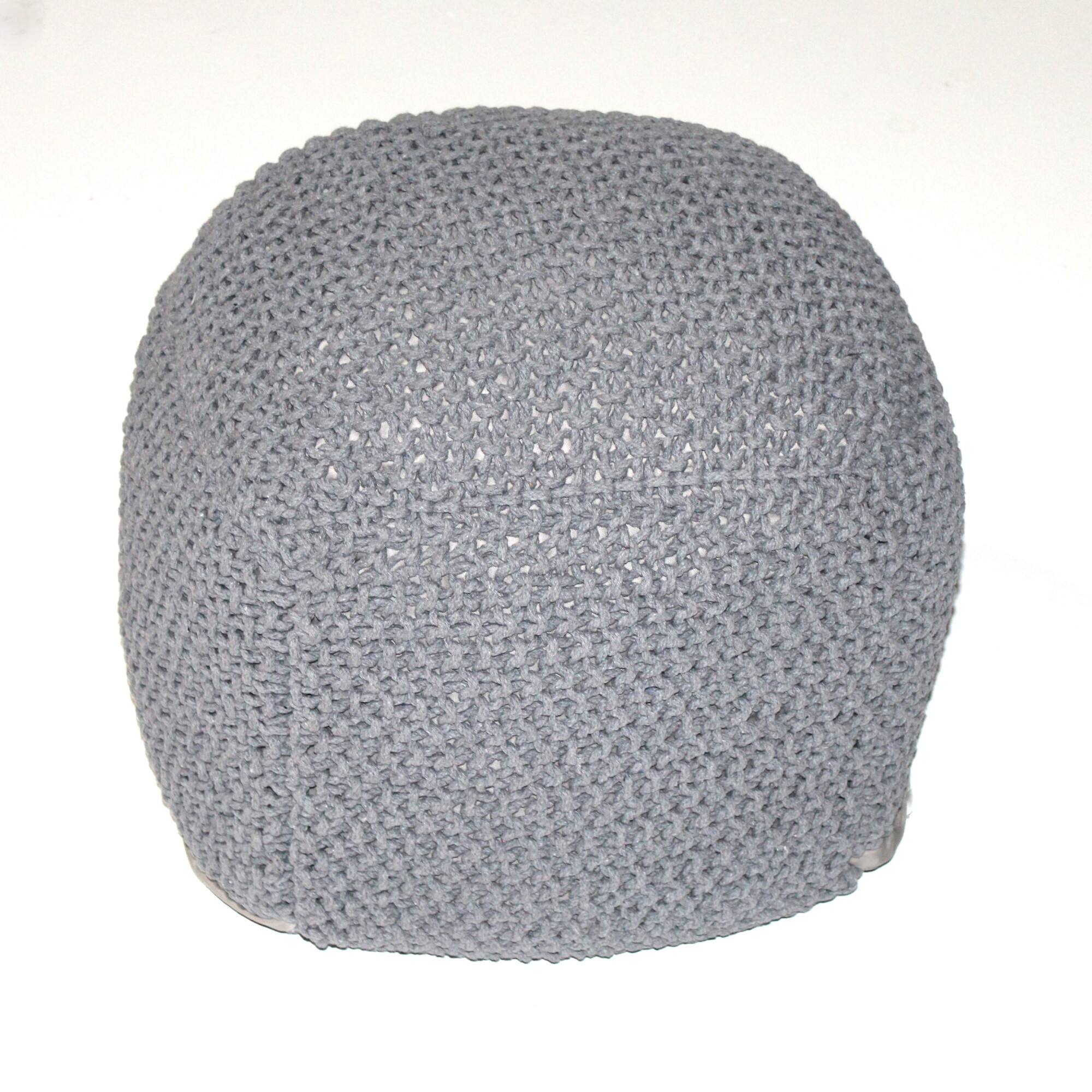 Angle. GOODSILO - Handmade Cable Knit Semi-Rounded Pouf - Versatile Footrest and Seating for Living Spaces - Soft Cotton Fabric - Light Gray.