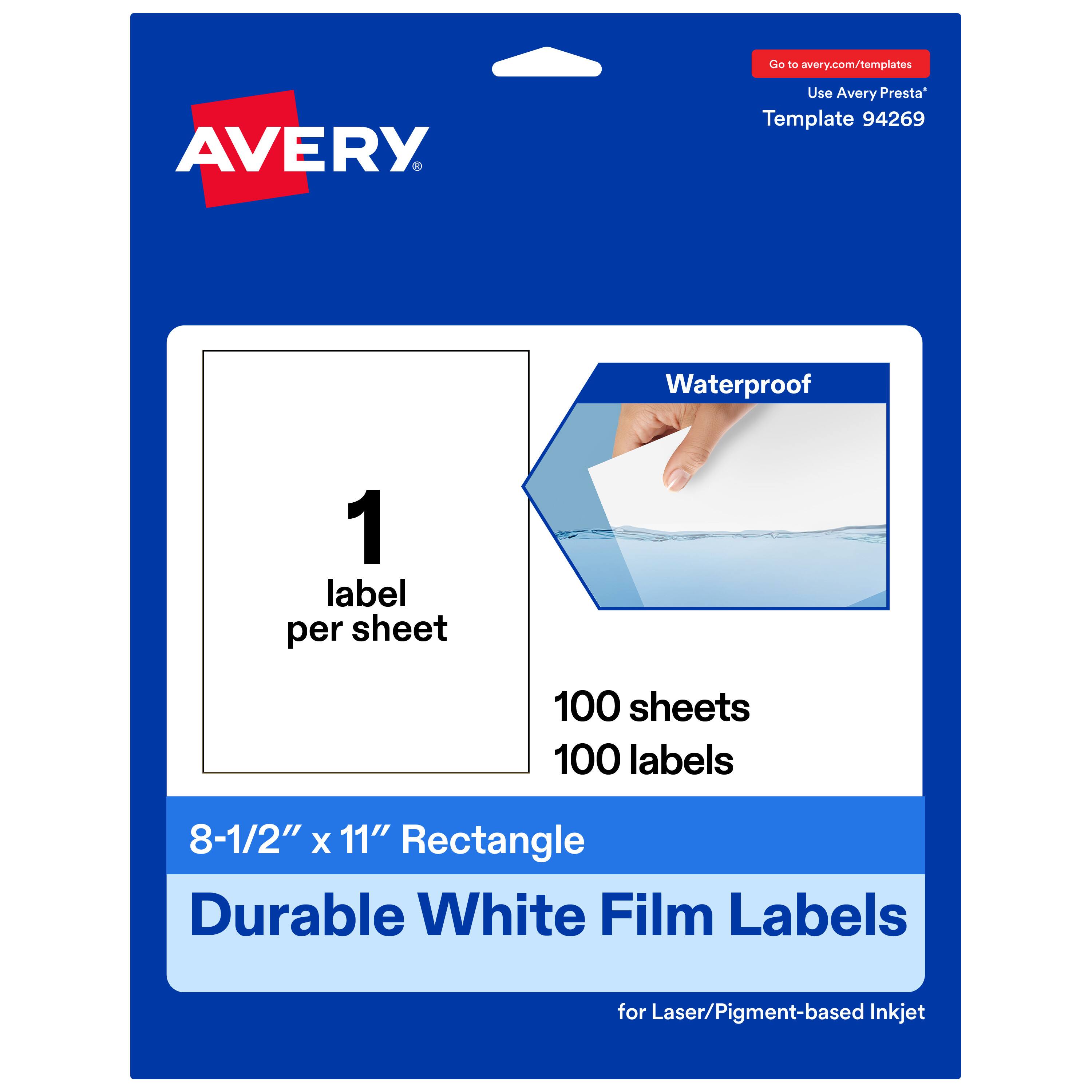 Go to avery.com/templates  
Use Avery Presta™ Template 94269  

Waterproof  
1 label per sheet  
100 sheets  
100 labels  

8-1/2" x 11" Rectangle  
Durable White Film Labels for Laser/Pigment-based Inkjet