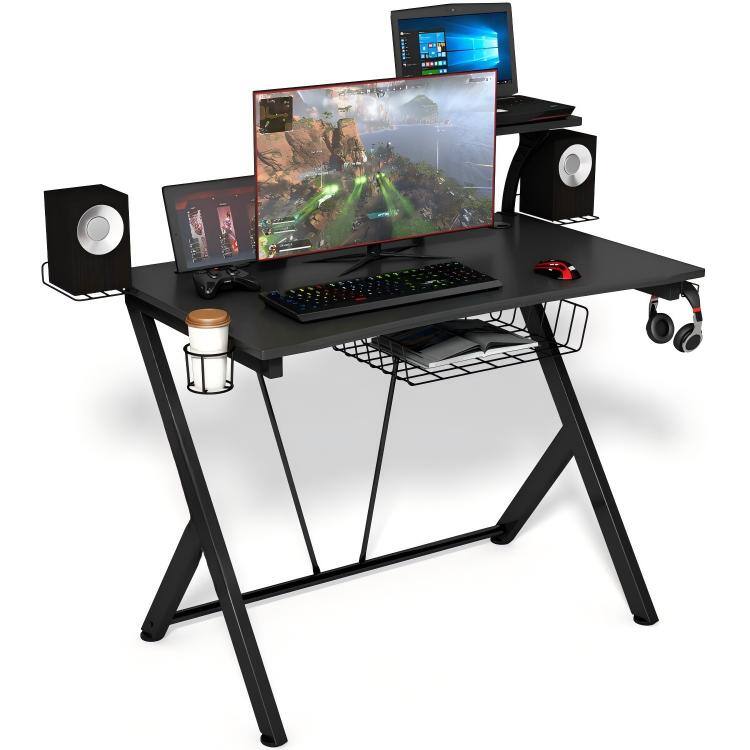 Angle. SKONYON - Gaming Desk with Headset Hook and Cup Holder - Black.