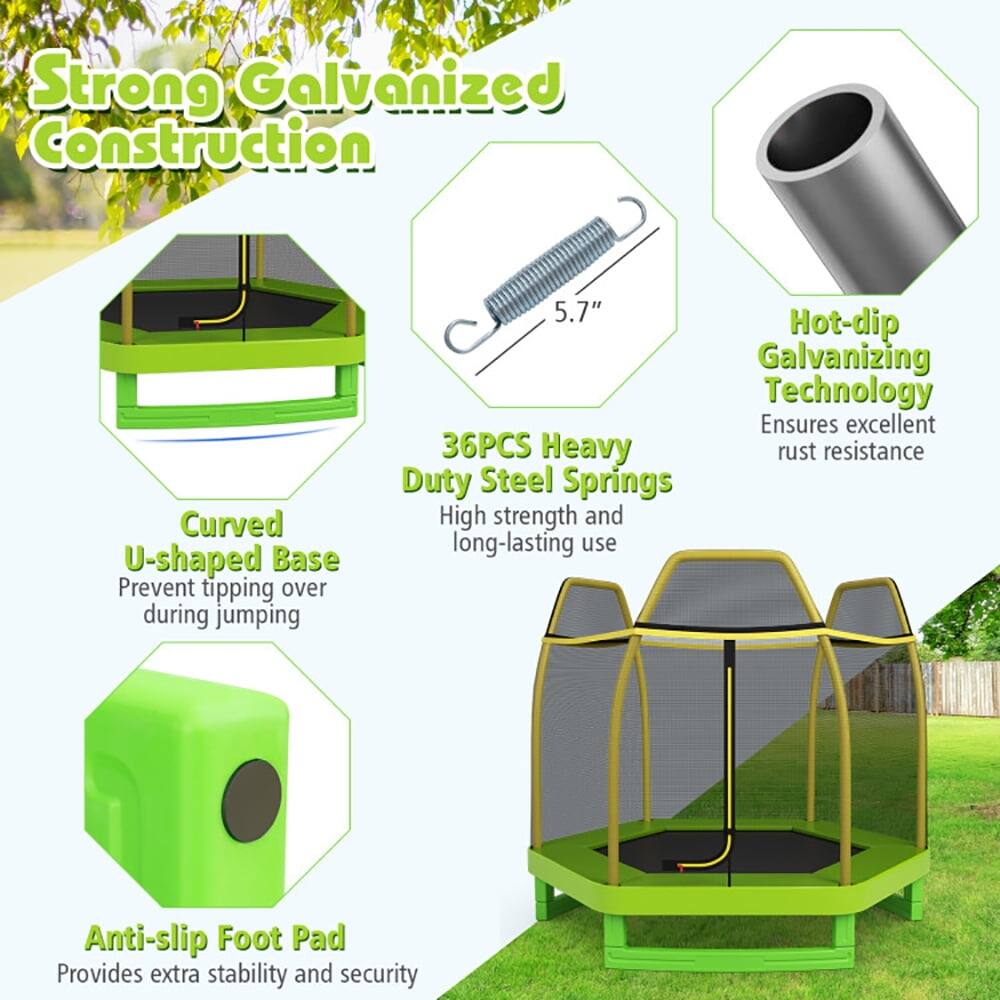 Strong Galvanized Construction  
Curved U-shaped Base Prevent tipping over during jumping  
36PCS Heavy Duty Steel Springs High strength and long-lasting use  
Hot-dip Galvanizing Technology Ensures excellent rust resistance  
Anti-slip Foot Pad Provides extra stability and security