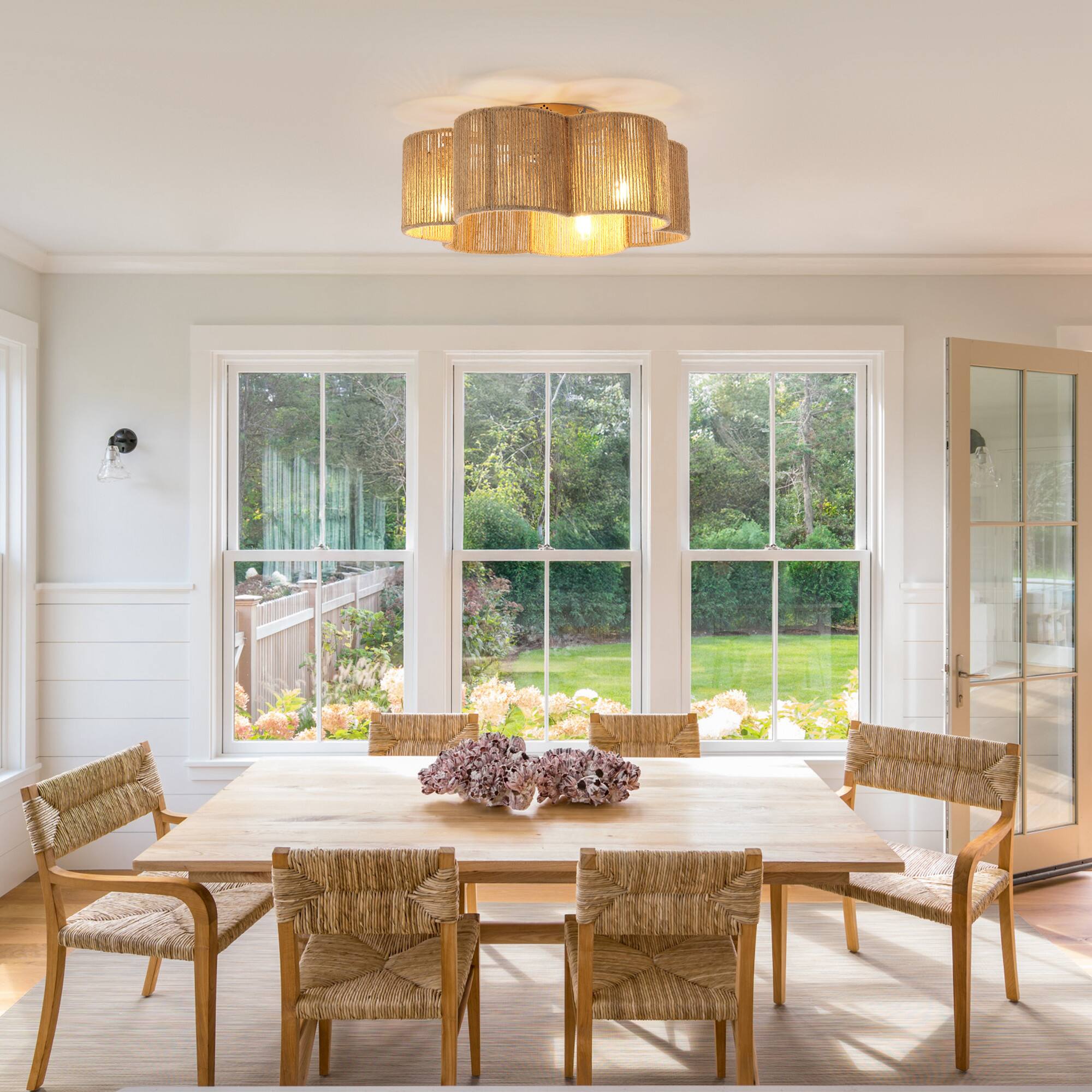 Angle. Parrot Uncle - 21" Boho Chic Natural Rope Smart Ceiling Fan Flush Mount with Remote and App - Gold.