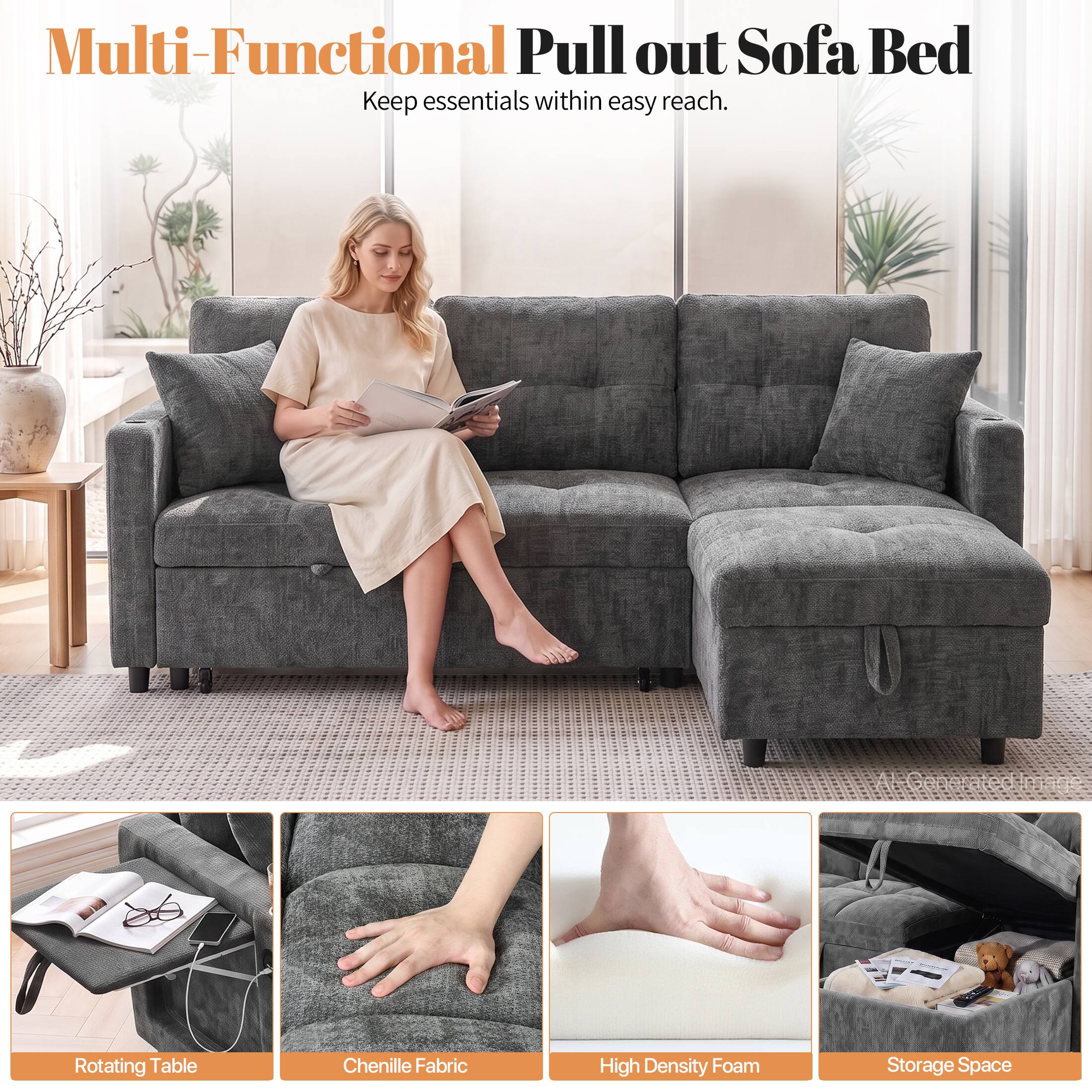 Multi-Functional Pull out Sofa Bed  
Keep essentials within easy reach.  

Rotating Table  
Chenille Fabric  
High Density Foam  
Storage Space