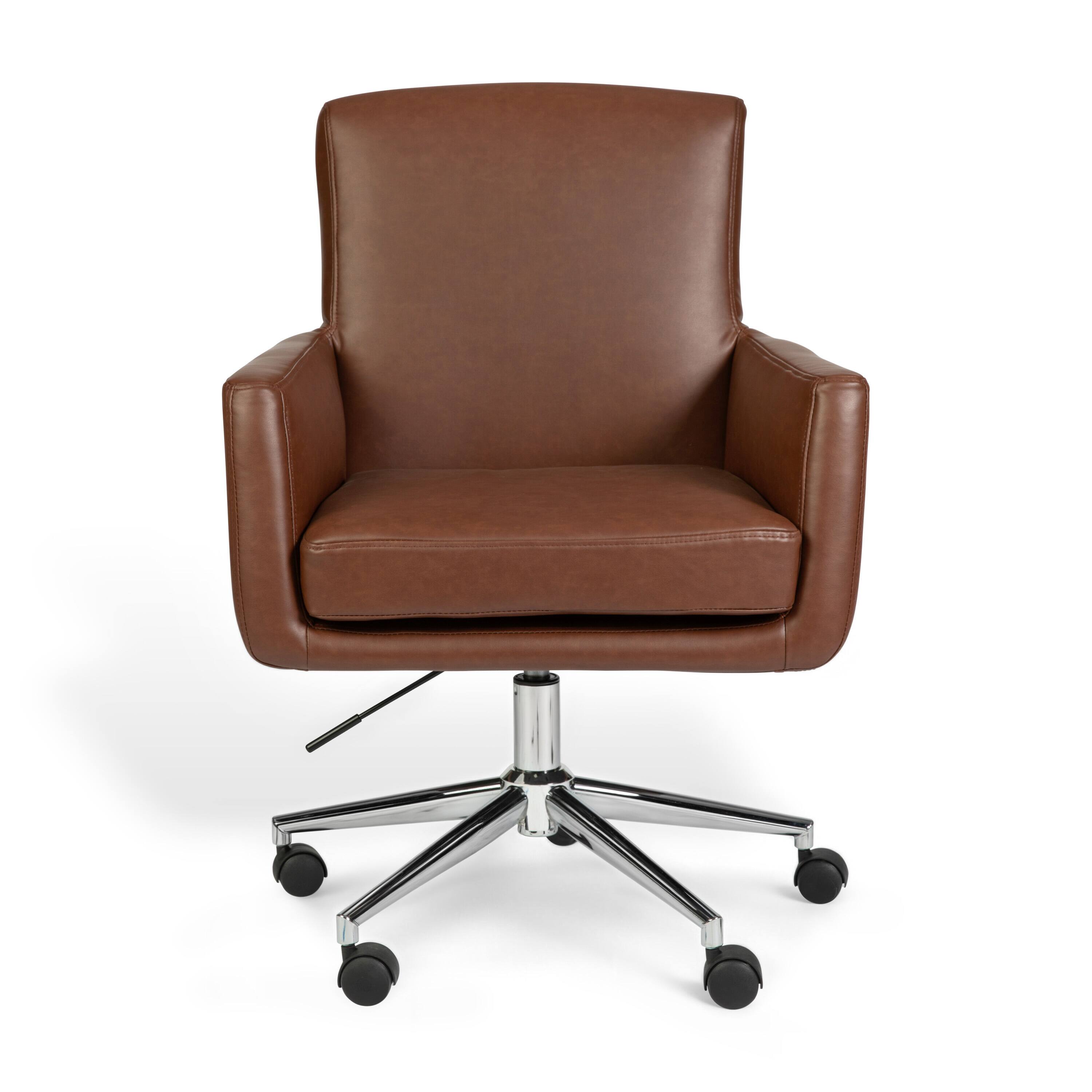 Alt View 10. Martha Stewart - Zaya Upholstered Swivel Home Office Chair with Padded Arms - Saddle Brown Faux Leather/Polished Nickel Frame.