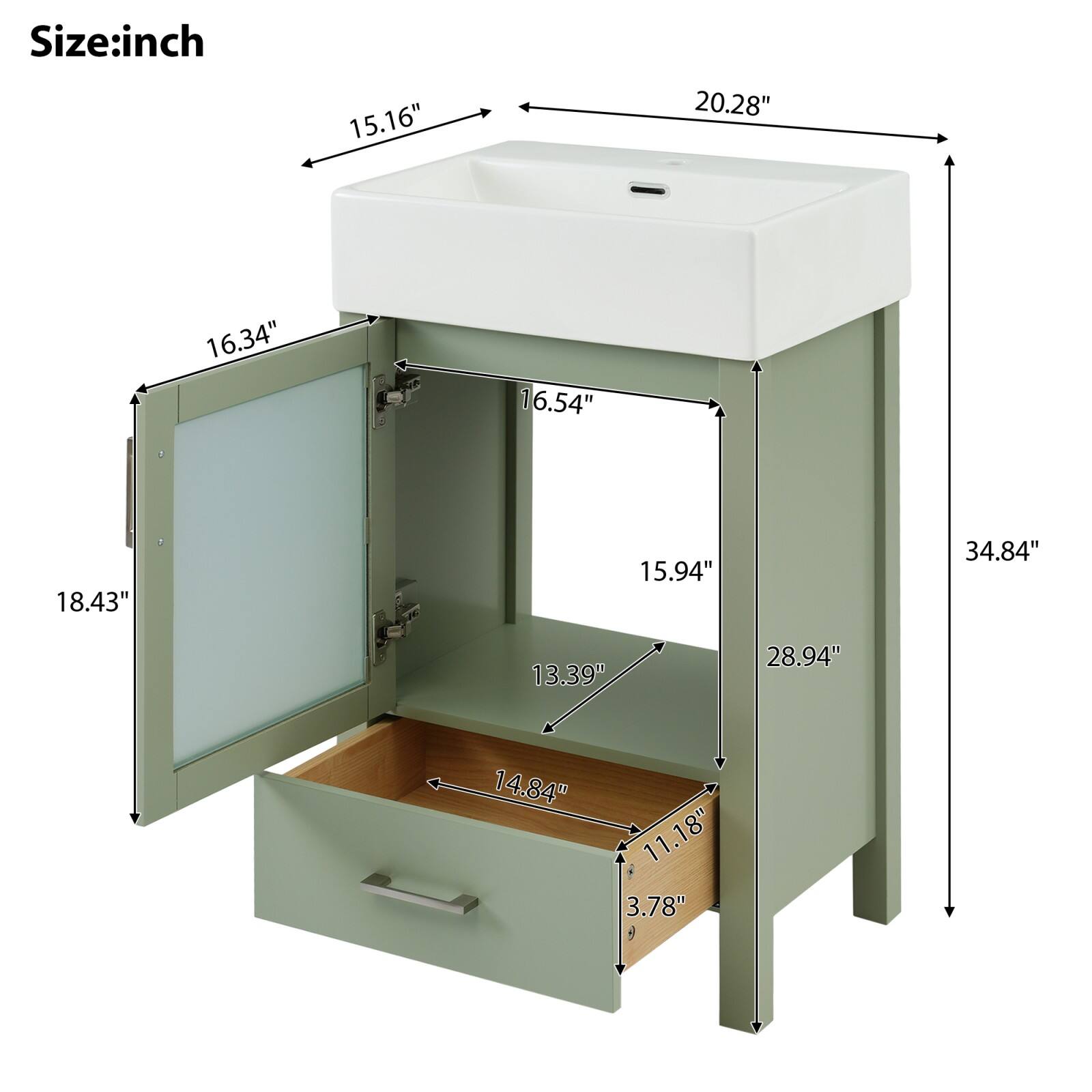 Size: inch

- Width: 20.28"
- Depth: 15.16"
- Height: 34.84"
- Sink Width: 15.94"
- Sink Depth: 16.54"
- Cabinet Height: 28.94"
- Door Height: 18.43"
- Door Width: 16.34"
- Drawer Height: 3.78"
- Drawer Width: 14.84"
- Drawer Depth: 11.18"