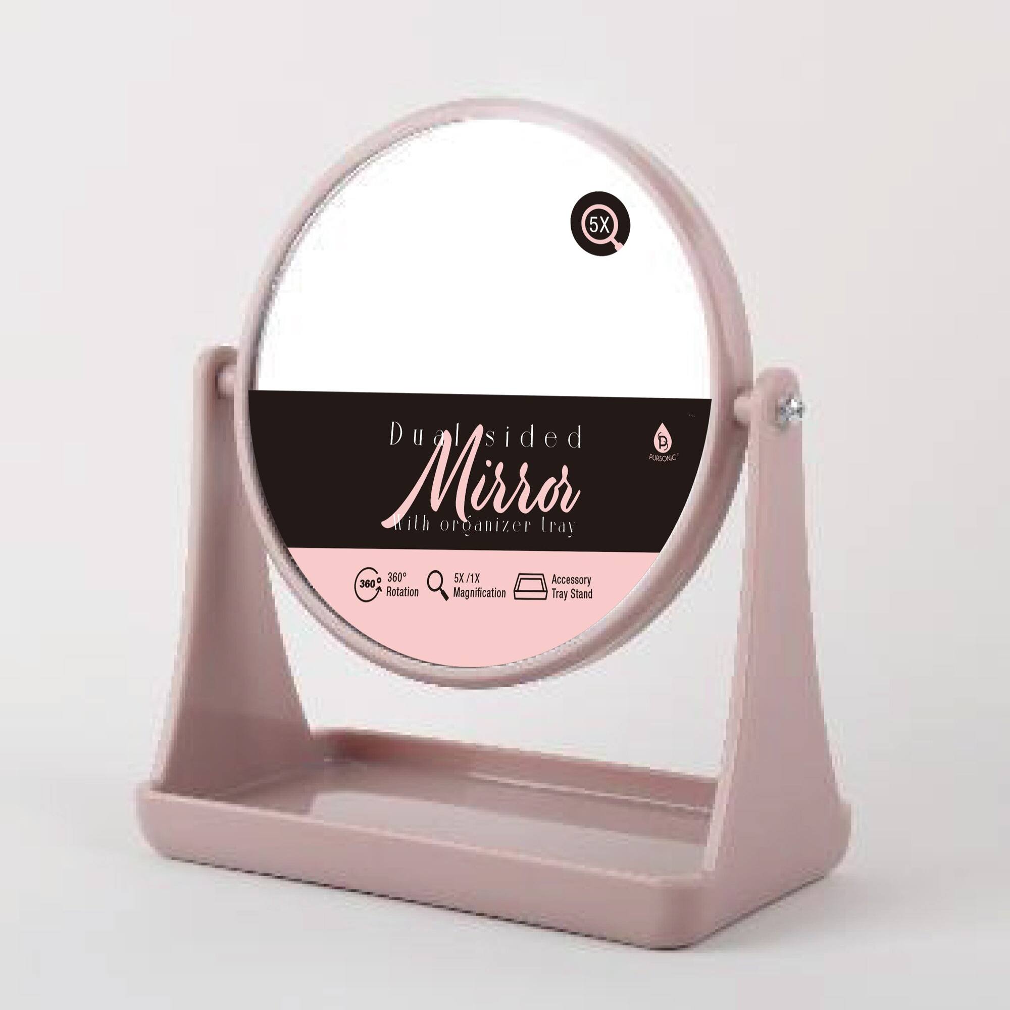 5X Dual-sided Mirror with Organizer Tray 360° Rotation 5X/1X Accessory Tray Stand