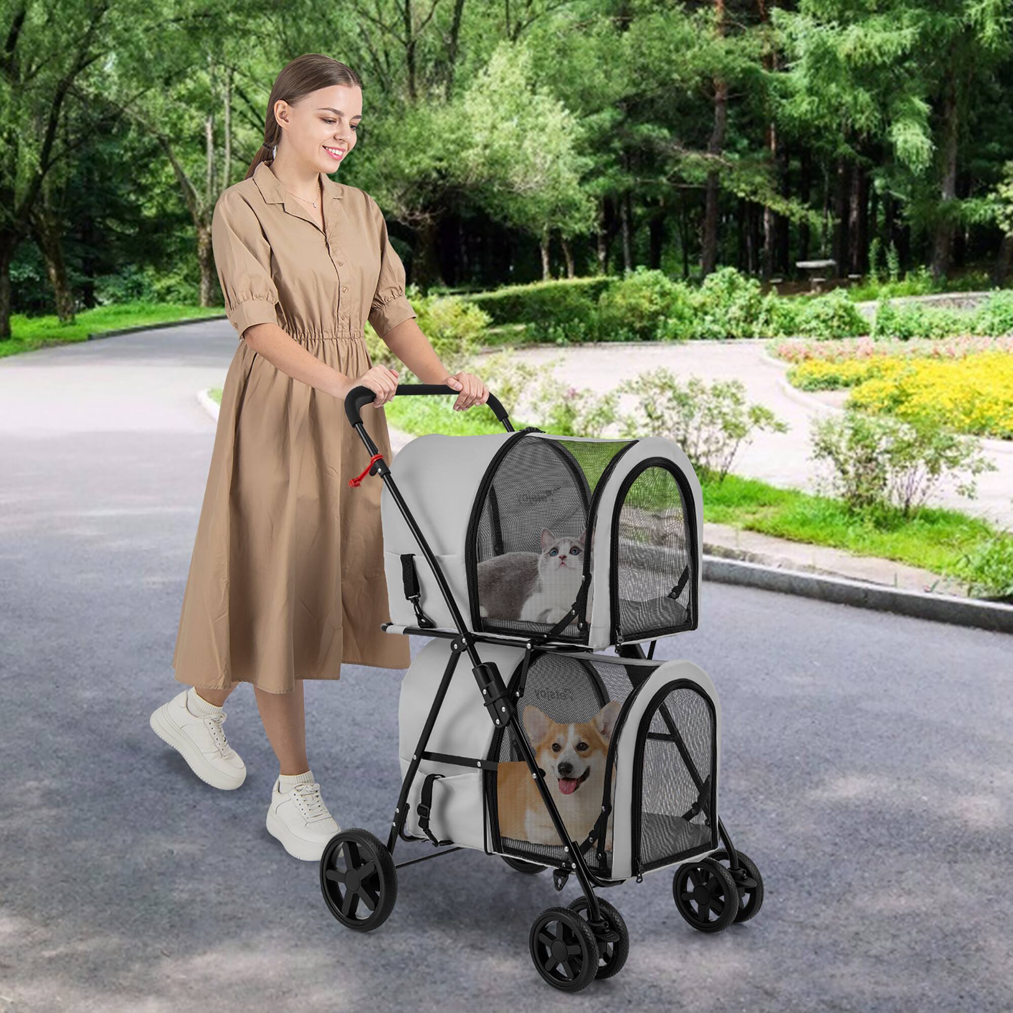 Alt View 1. Gymax - Gymax 4-in-1 Double Pet Stroller w/ Detachable Carrier Travel Carriage for Cats Grey.