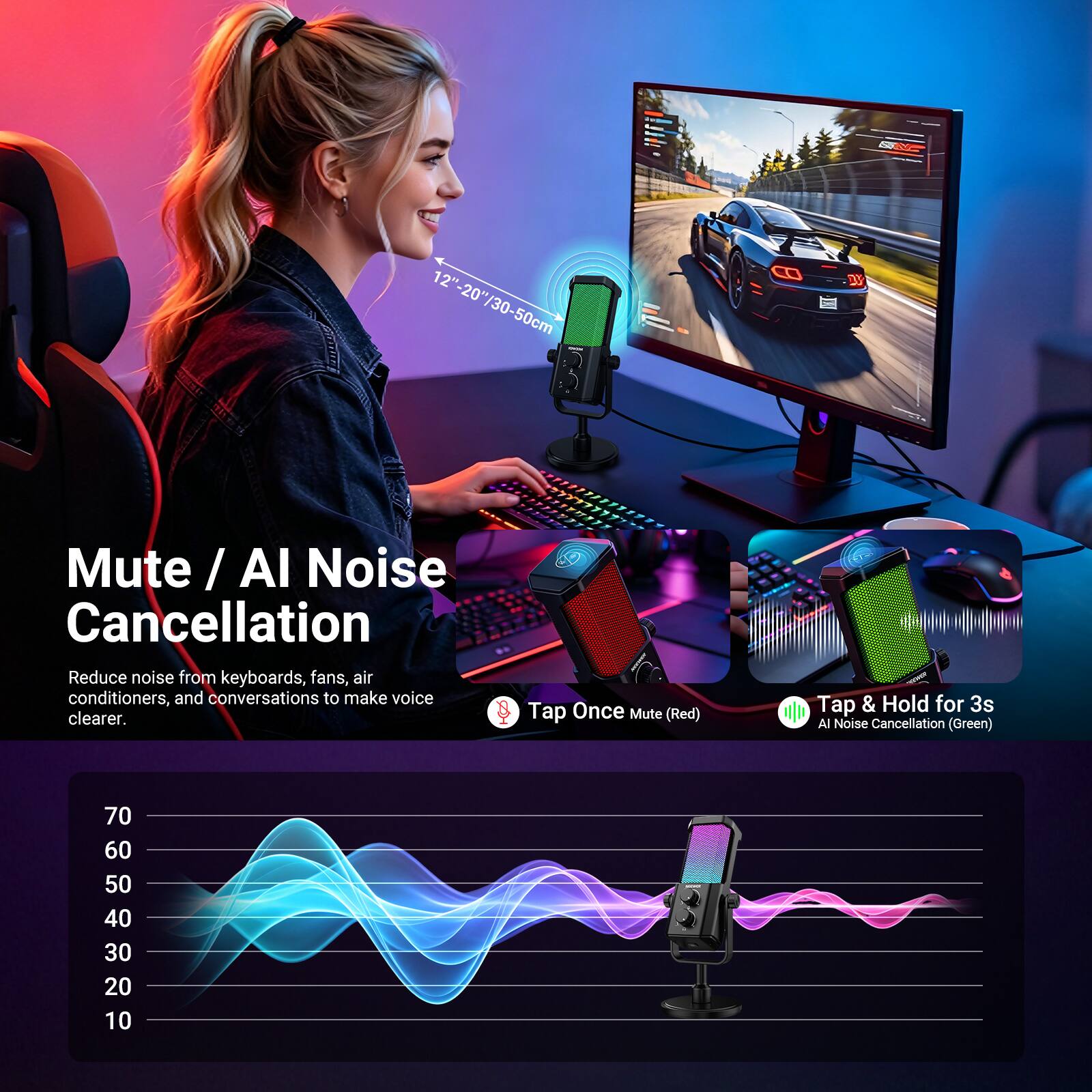 12" 2"-20"/30-50cm

Mute / AI Noise Cancellation

Reduce noise from keyboards, fans, air conditioners, and conversations to make voice clearer.

Tap Once Mute (Red)

Tap & Hold for 3s AI Noise Cancellation (Green)

70
60
50
40
30
20
10