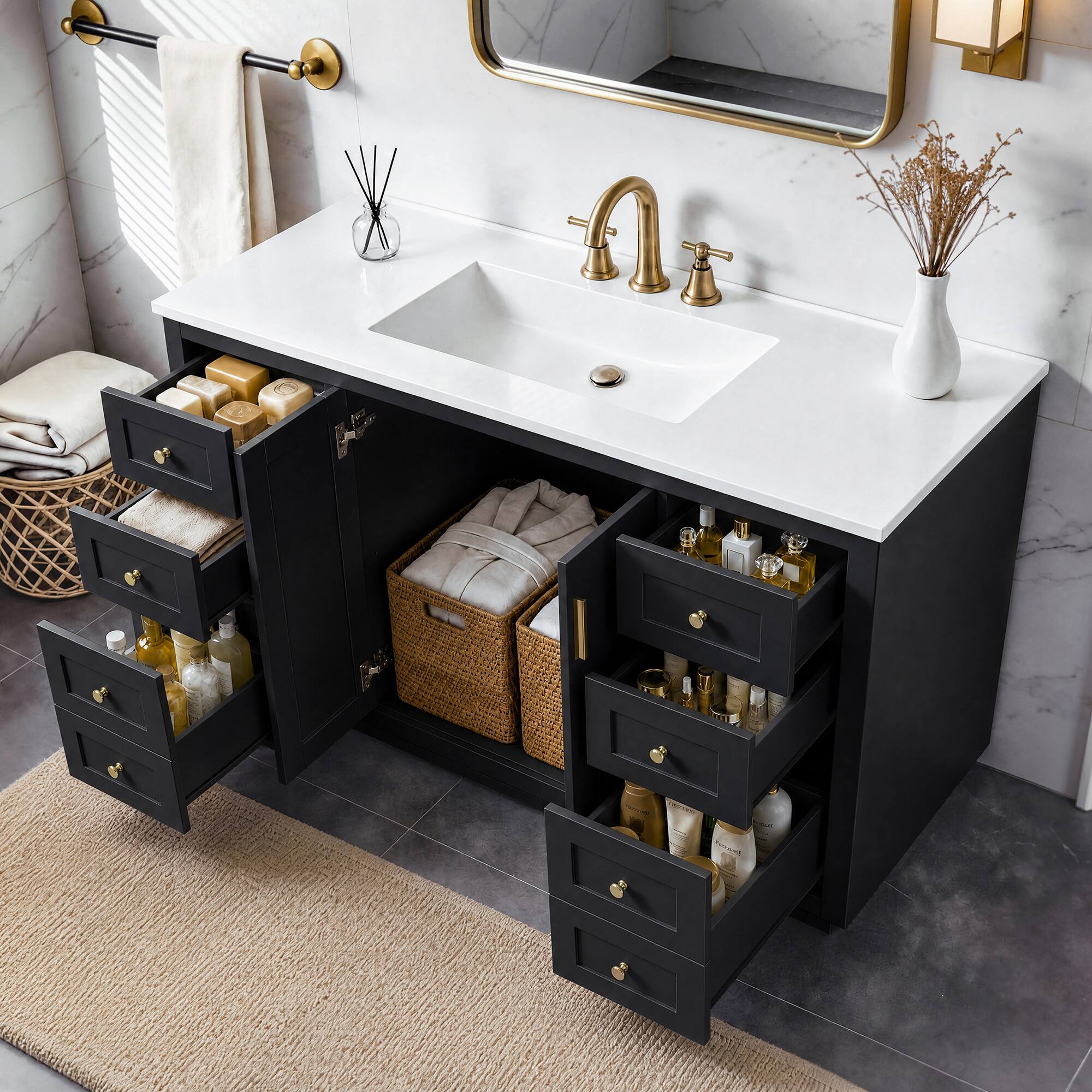 Angle. JUJABU - Black 48" Bathroom Vanity with Sink Top,6 Drawers and 2 Soft-clsoe Doors - Black.