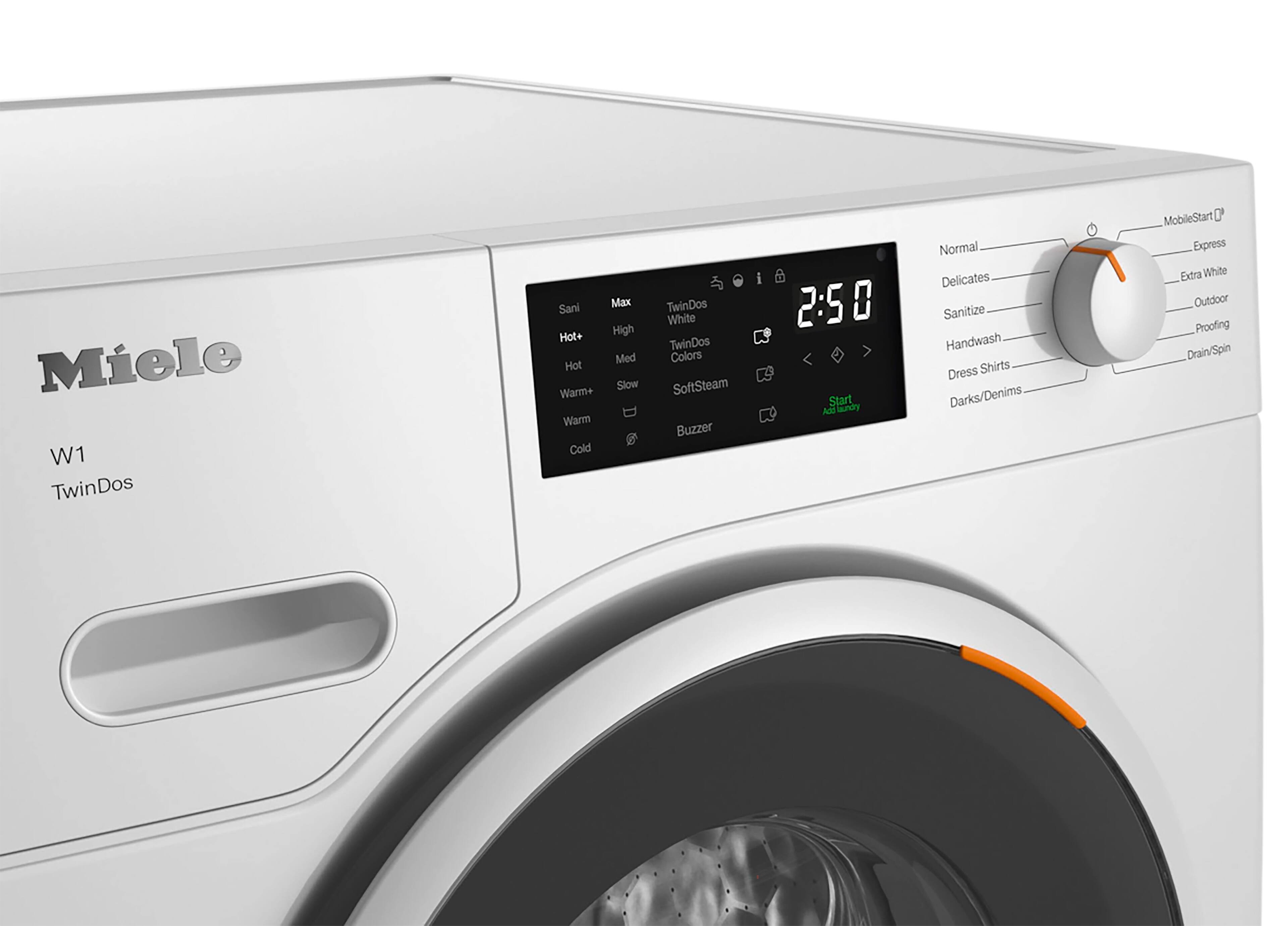 The image features a Miele W1 TwinDos washing machine with a digital display showing the time, which is currently set at 2:50. The machine has a white color and is designed to handle various types of laundry, including delicates, handwash, and dress shirts. It also offers a range of options for different laundry needs, such as sanitize, soft steam, and buzzer. The machine is equipped with a TwinDos system, which allows for efficient and effective washing of clothes.
