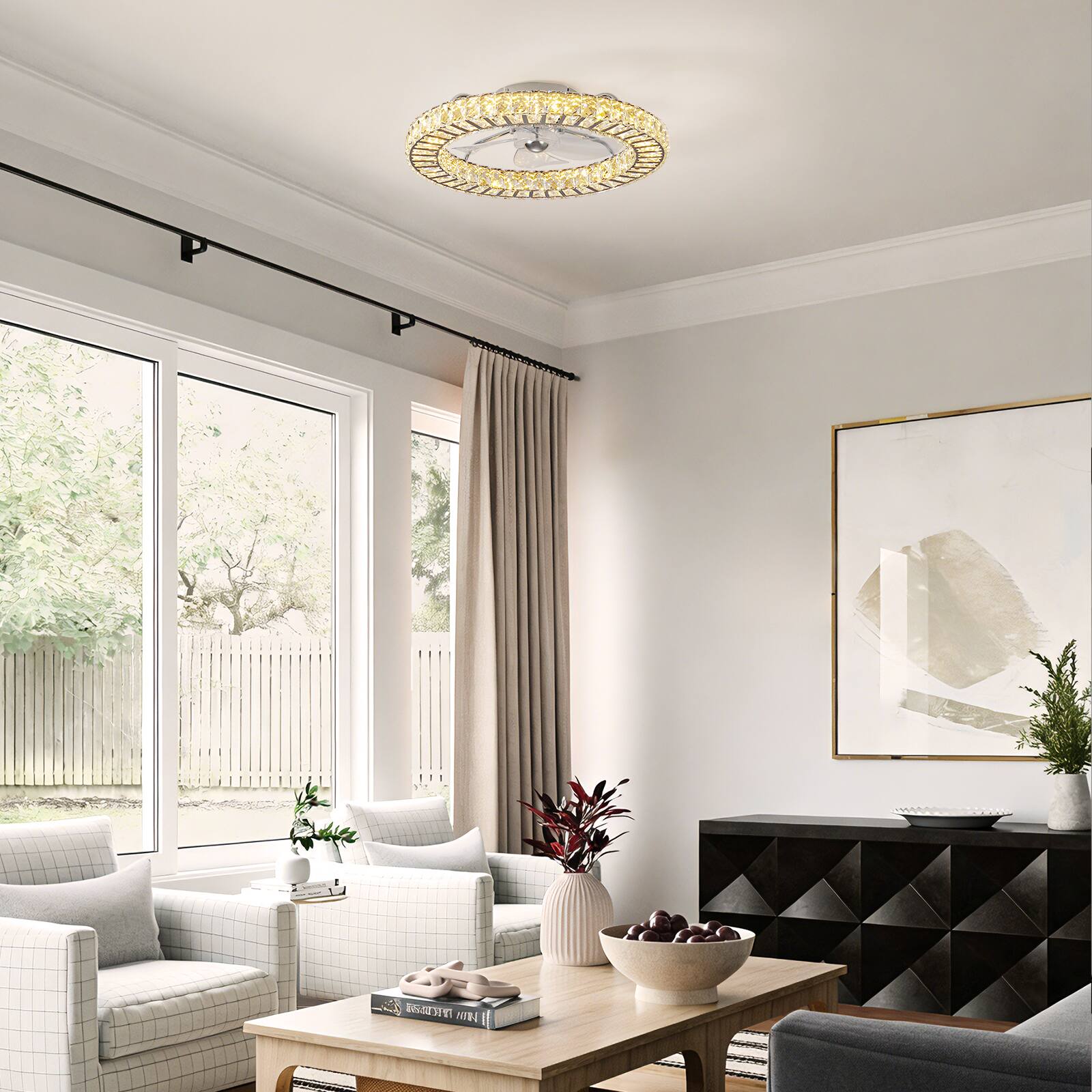 Alt View 4. Siljoy - 22 Inch Low Profile Crystal Flush Mount Ceiling Fan with Light, Nickel Finish, Dimmable LED Fan with Remote for Bedroom - Gold.