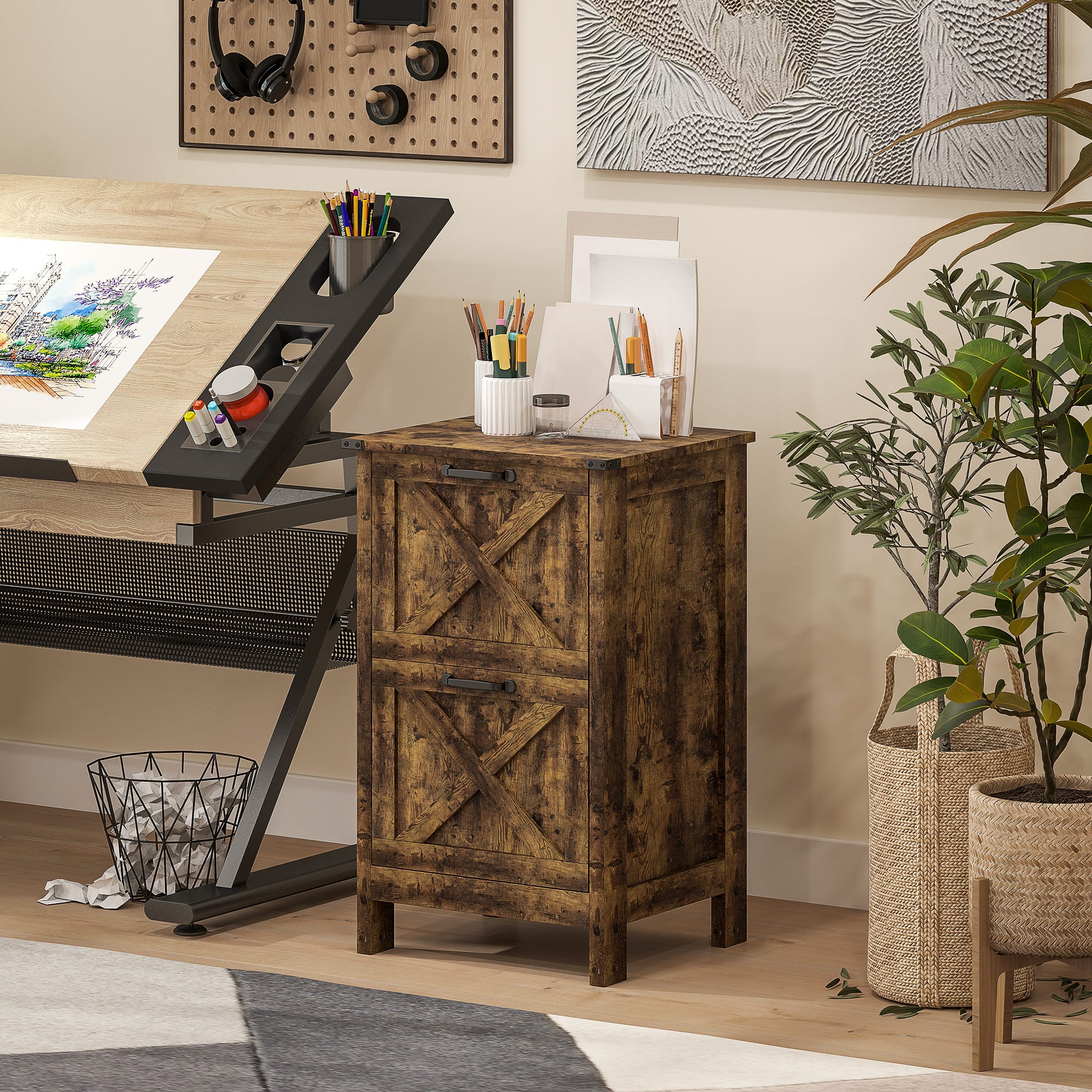 Alt View 8. Homcom - 2 Drawer Vertical File Cabinet with Silent Slides, Farmhouse Filing Cabinet with Barn Doors for A4 Letter Size.