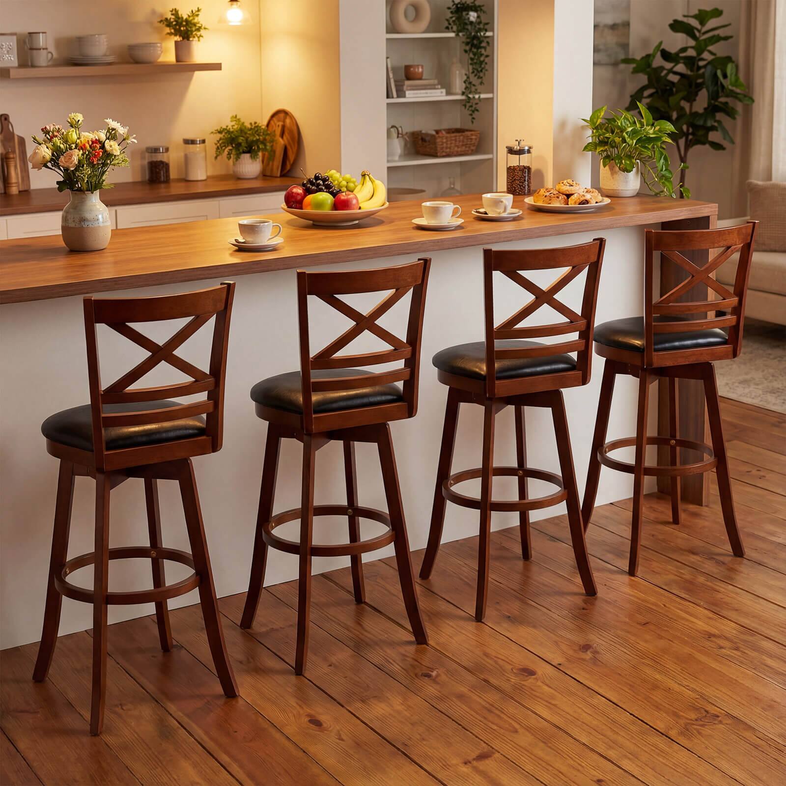 Alt View 3. Costway - Costway 30.5" Swivel Barstools Set of 2 with Backrest Faux Leather Upholstered Seat for Pub - Antique Walnut,Black.
