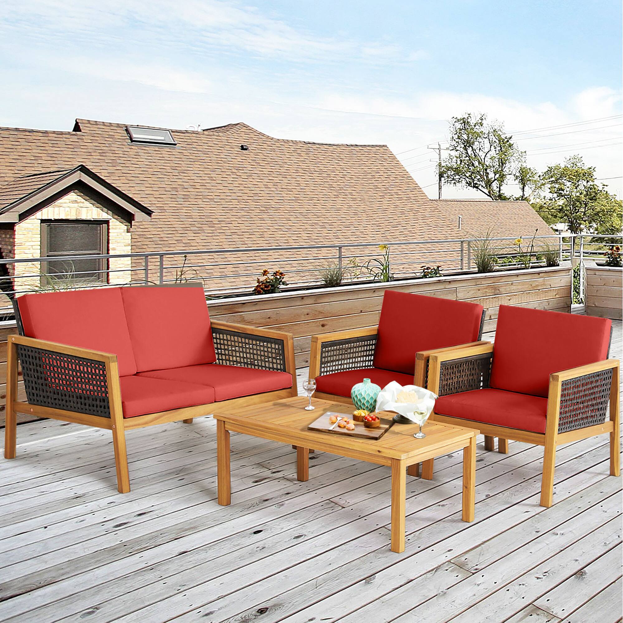 Alt View 3. Gymax - Gymax 8PCS Patio Acacia Wood Furniture Set PE Rattan Conversation Set w/ Red Cushions - Red.