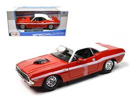1970 Dodge Challenger R/T Coupe Top and White Stripes 1/24 Diecast Model Car by Maisto - Red With White