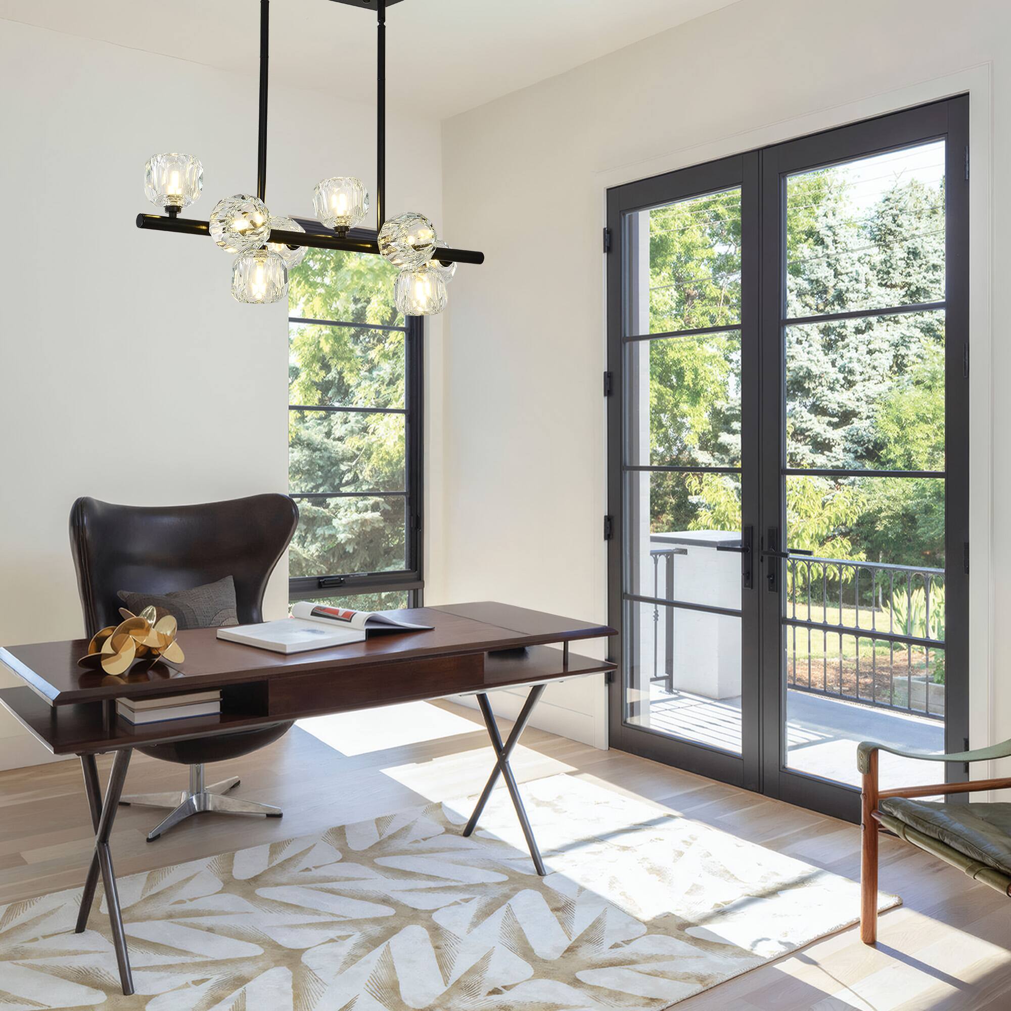 Alt View 2. RYHNUYNE - 8 Lights Black Kitchen Island Light Fixture,Linear Chandelier with Glass Lampshade,Large Rectangular Chandeliers - Black.