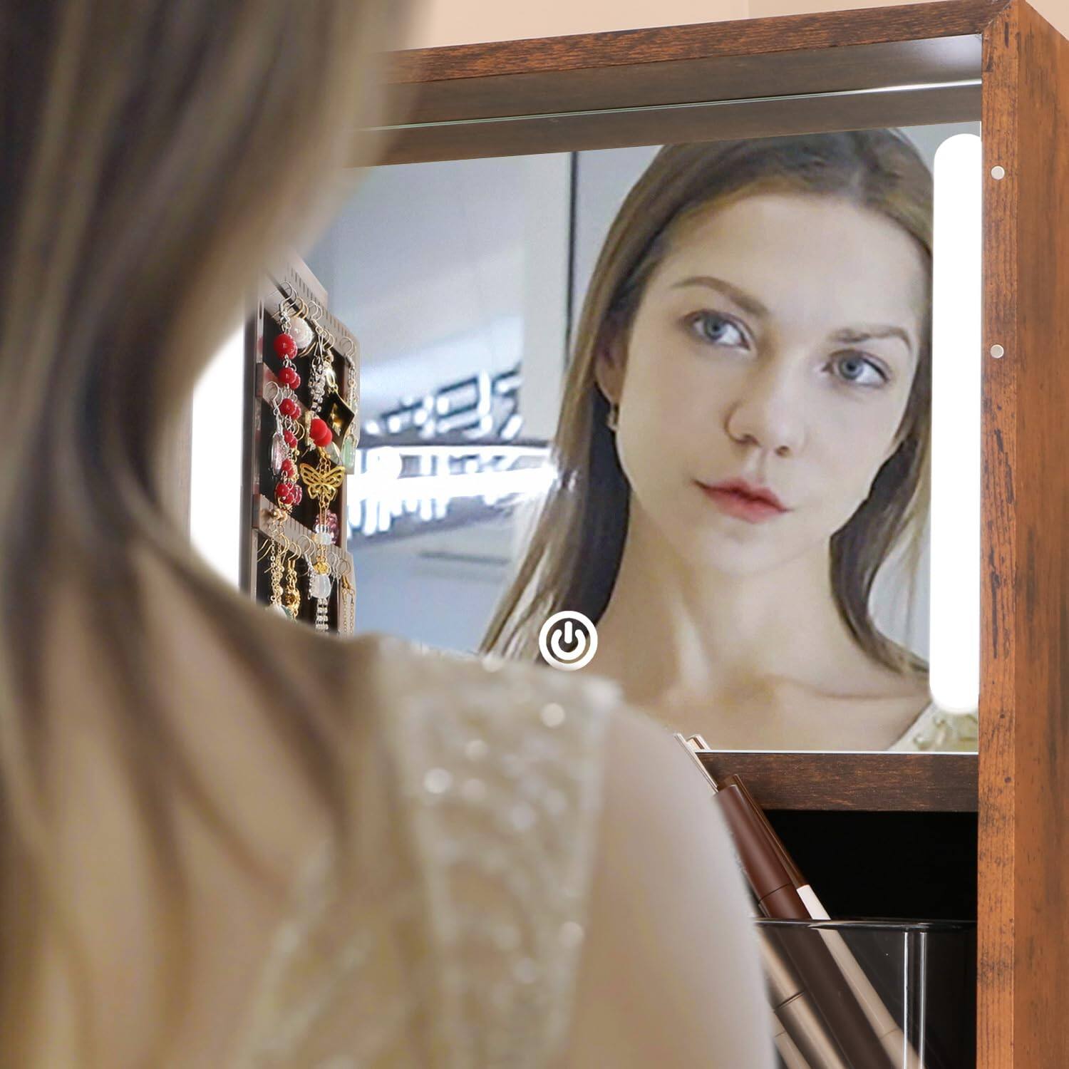 Left. Cedar Assembly - Rotating Cabinet With Vanity Mirror Full Length Storage Armoire Lockable Organizer Standing Drawers Wheels ... - Off White 63*16+LED Lights.