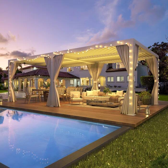 Angle. U-HOMY - 12x20 Outdoor Pergola, Louvered Pergola with Adjustable Aluminum Rainproof Roof for Patio, Backyard, Pool party - White.