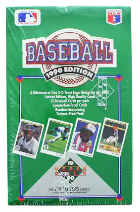 **OFFICIAL LICENSEE**
**MAJOR LEAGUE BASEBALL**
**BASEBALL 1990 EDITION**
A Minimum of One 3-D Team Logo Hologram per pack!
Limited Edition, High Quality Cards
15 Baseball Cards per pack
Counterfeit-Proof Cards
Random Sequencing
Tamper-Proof Pack
**Ken Griffey Jr.**
**Bo Jackson**
**Tim Raines**
**Ron Oester**
**1990**
**SUPER PACK**
**THE COLLECTOR'S CHOICE**
**3-D TEAM LOGO HOLEOGRAPHIC CARDS AND BASEBALL CARDS**
**OFFICIALLY LICENSED**
**MLB**