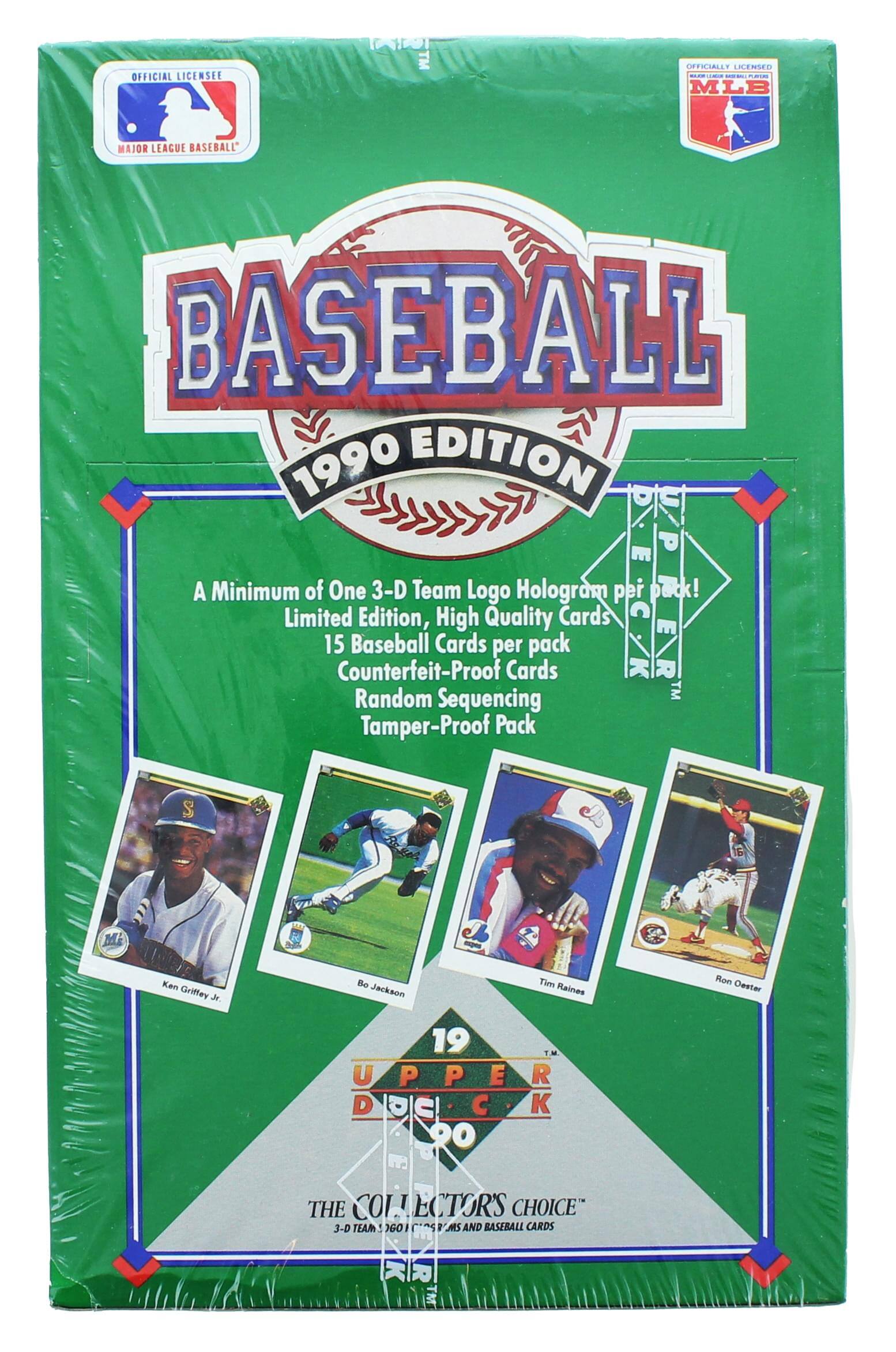 **OFFICIAL LICENSEE**  
**MAJOR LEAGUE BASEBALL**  

**BASEBALL 1990 EDITION**  

A Minimum of One 3-D Team Logo Hologram per pack!  
Limited Edition, High Quality Cards  
15 Baseball Cards per pack  
Counterfeit-Proof Cards  
Random Sequencing  
Tamper-Proof Pack  

**Ken Griffey Jr.**  
**Bo Jackson**  
**Tim Raines**  
**Ron Oester**  

**1990**  
**SUPER PACK**  
**THE COLLECTOR'S CHOICE**  
**3-D TEAM LOGO HOLEOGRAPHIC CARDS AND BASEBALL CARDS**  

**OFFICIALLY LICENSED**  
**MLB**