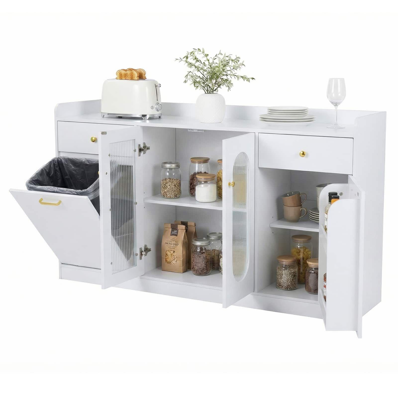 Costway - 55" Large Buffet Cabinet with 2 Glass Doors, 2 Drawers, 2 Door Shelves for Kitchen - White