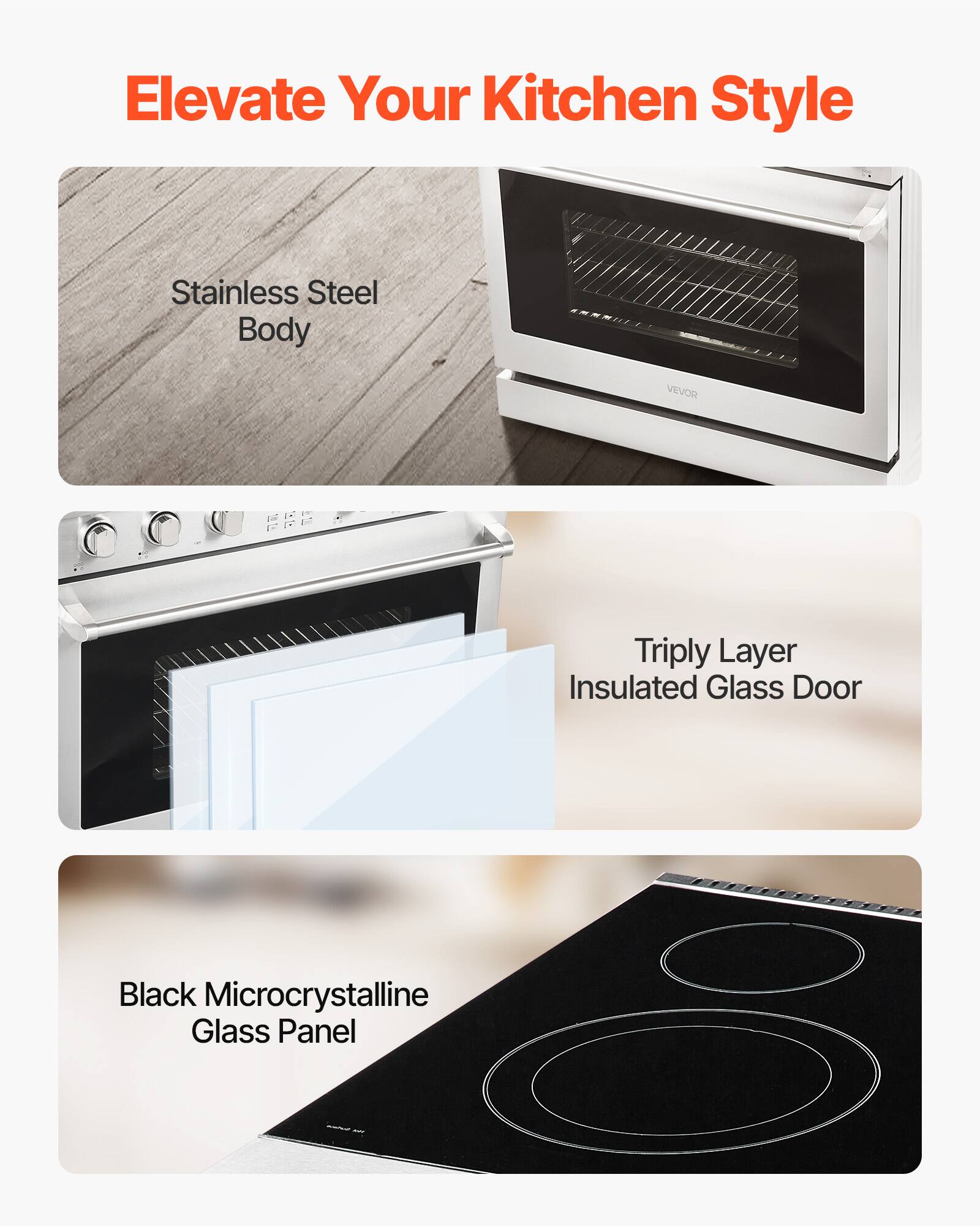 Elevate Your Kitchen Style

Stainless Steel Body

VEVOR

Triply Layer Insulated Glass Door

Black Microcrystalline Glass Panel