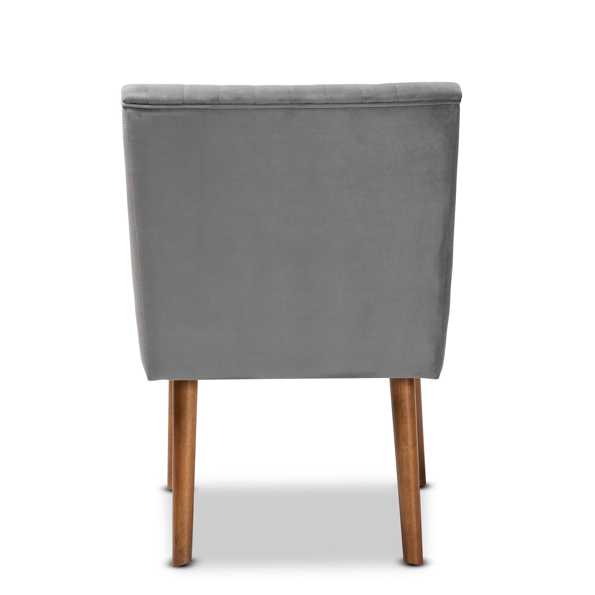 Back. Baxton Studio - Alvis Mid-Century Modern Velvet Upholstered and Finished Wood Dining Chair - Grey/Walnut Brown.