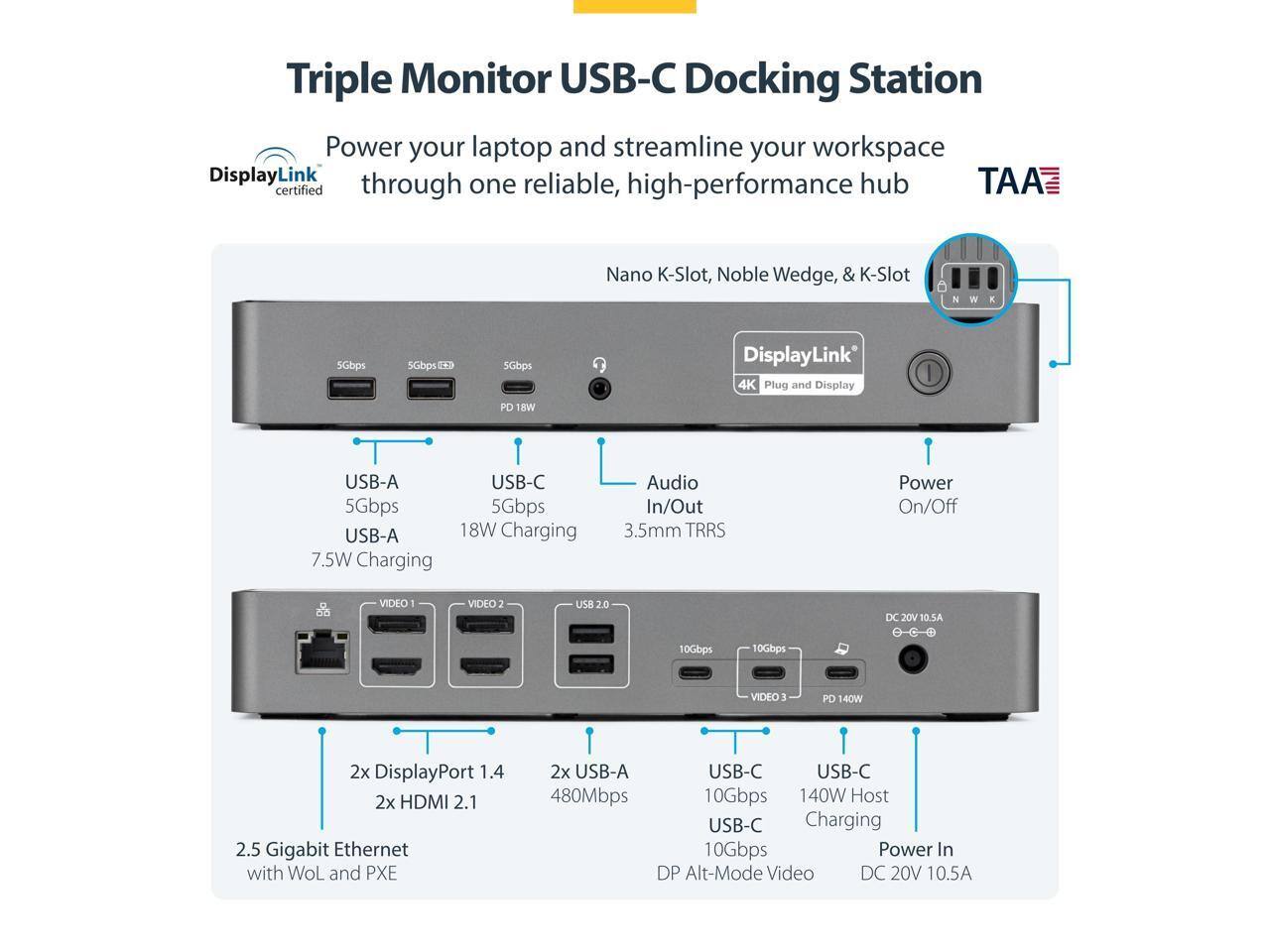 Triple Monitor USB-C Docking Station

Power your laptop and streamline your workspace through one reliable, high-performance hub

- Nano K-Slot, Noble Wedge, & K-Slot
- TAA certified

**Ports:**
- USB-A: 5Gbps
- USB-C: 5Gbps, 18W Charging
- Audio In/Out: 3.5mm TRRS
- Power On/Off
- 2x DisplayPort 1.4
- 2x HDMI 2.1
- 2.5 Gigabit Ethernet with WoL and PXE
- 2x USB-A: 480Mbps
- USB-C: 10Gbps, 140W Host Charging
- USB-C: 10Gbps, DP Alt-Mode Video
- Power In: DC 20V 10.5A

**DisplayLink:**
- Plug and Display
- 4K

**Certifications:**
- DisplayLink certified