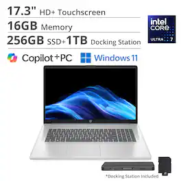 HP - 17.3" HD+ Touchscreen Laptop,Intel Ultra 7 255U,16GB DDR4,256GB SSD+1TB Dock Set,Backlit Keyboard,Win 11 - Blue