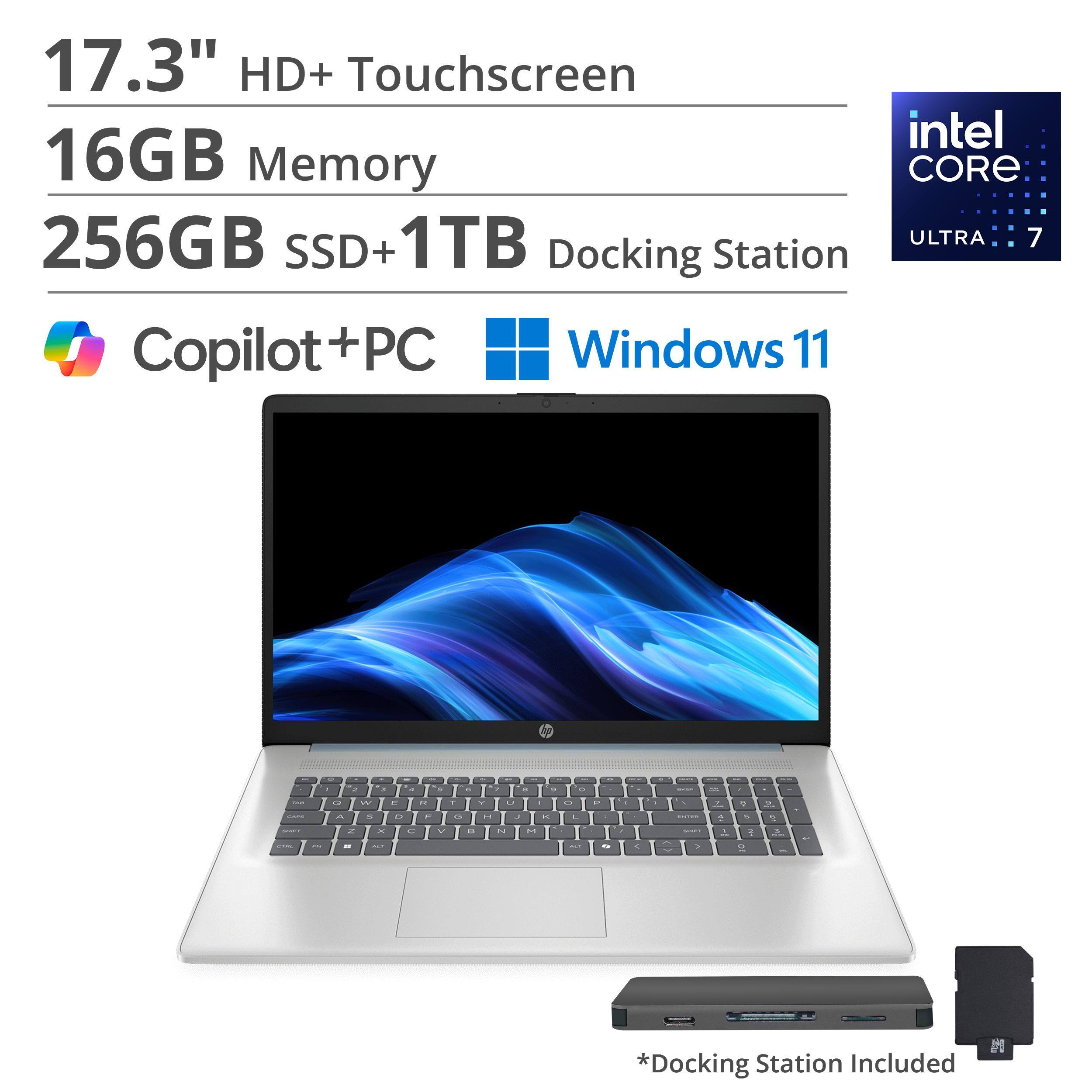 17.3" HD+ Touchscreen  
16GB Memory  
256GB SSD + 1TB  
Intel Core Ultra 7  
Docking Station Included  
Copilot + PC  
Windows 11