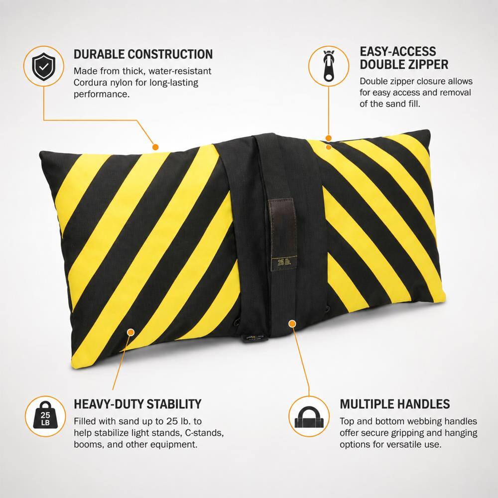 DURABLE CONSTRUCTION  
Made from thick, water-resistant Cordura nylon for long-lasting performance.

EASY-ACCESS DOUBLE ZIPPER  
Double zipper closure allows for easy access and removal of the sand fill.

HEAVY-DUTY STABILITY  
Filled with sand up to 25 lb. to help stabilize light stands, C-stands, booms, and other equipment.

MULTIPLE HANDLES  
Top and bottom webbing handles offer secure gripping and hanging options for versatile use.