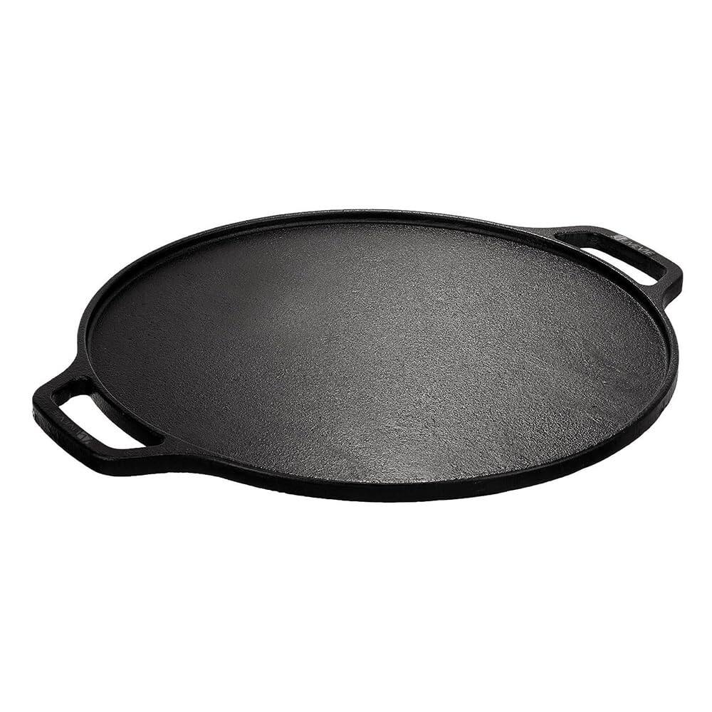 Angle. Amber Sporting Goods - Cast Iron 12" Griddle Pan Tawa, Pre-Seasoned Flat Skillet with Dual Handles for Breads & Pancakes - Black.